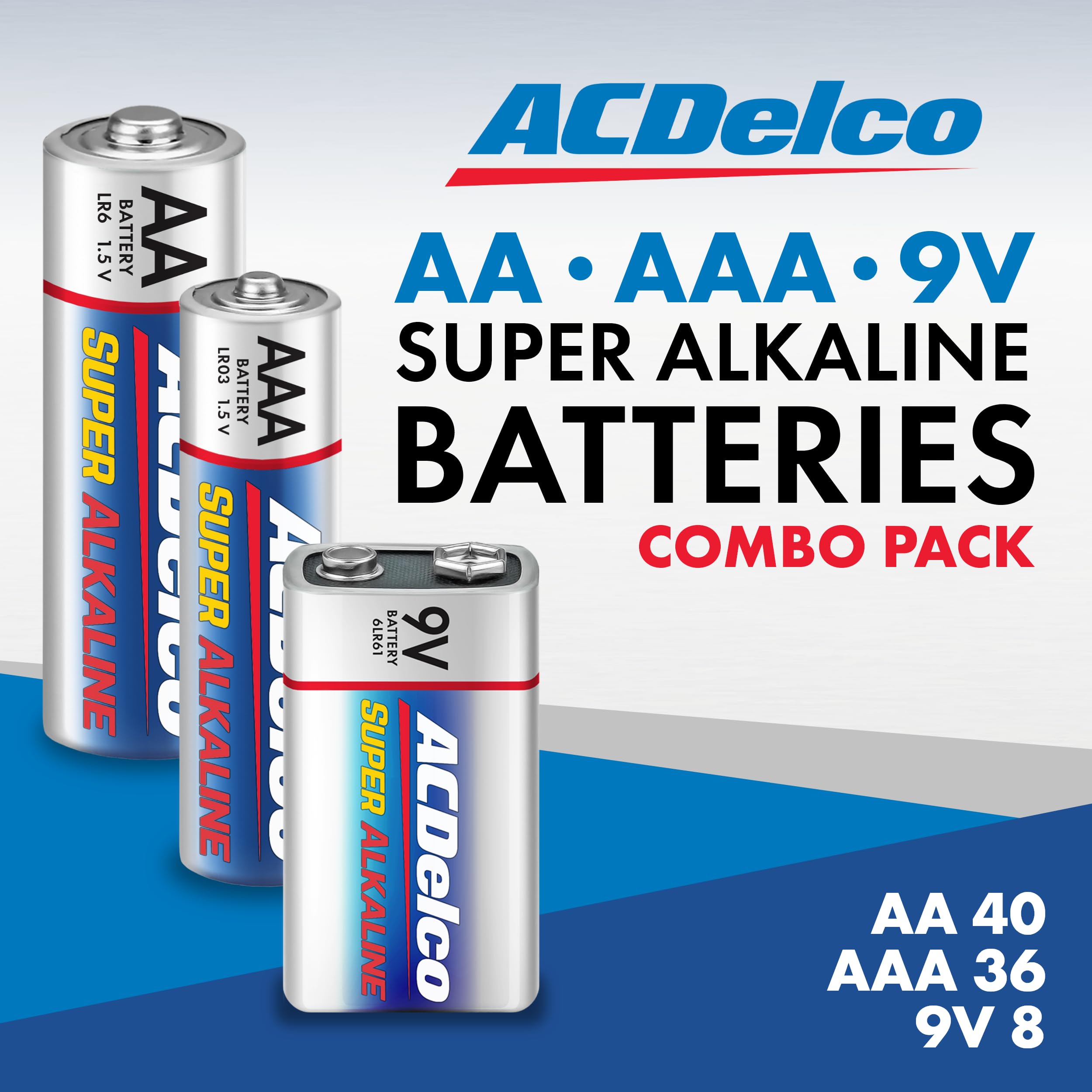 Acdelco Alkaline Batteries Combo Pack, 40 Double Aa, 36 Triple Aaa, 8 Count Of 9 Volt