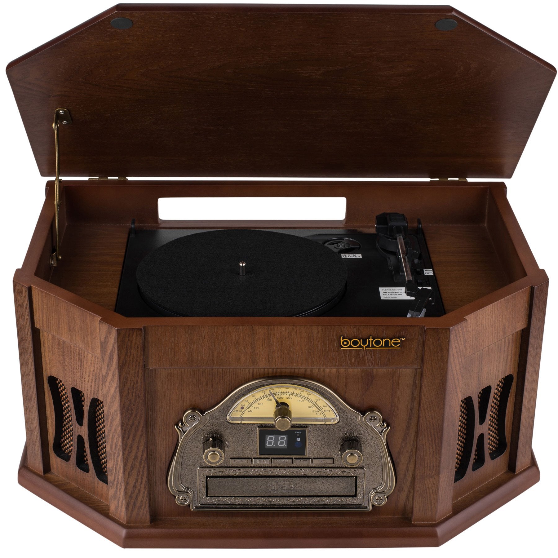 Boytone Bt 25Mb 8 In 1 Natural Wood Classic Turntable Stereo System With Bluetooth Connection, Vinyl Record Player, Am/Fm, Cd, Cassette, Usb, Sd Slot. 2 Built In Speakers, Remote Control, Mp3 Player