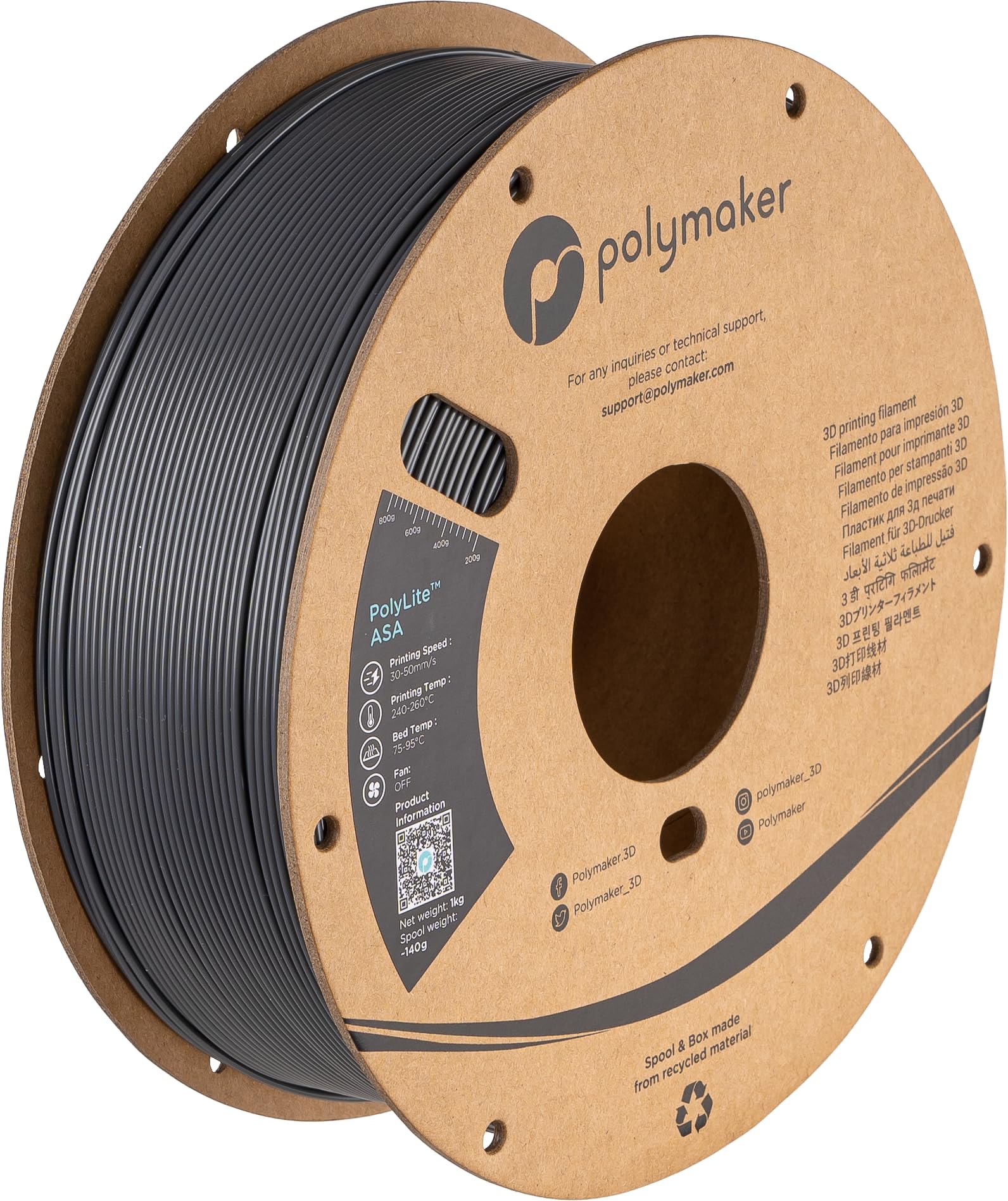 Polymaker ASA Filament 1.75mm Dark Grey, 1kg ASA 3D Printing Filament, Heat & Weather Resistant - ASA 3D Printer Filament Perfec