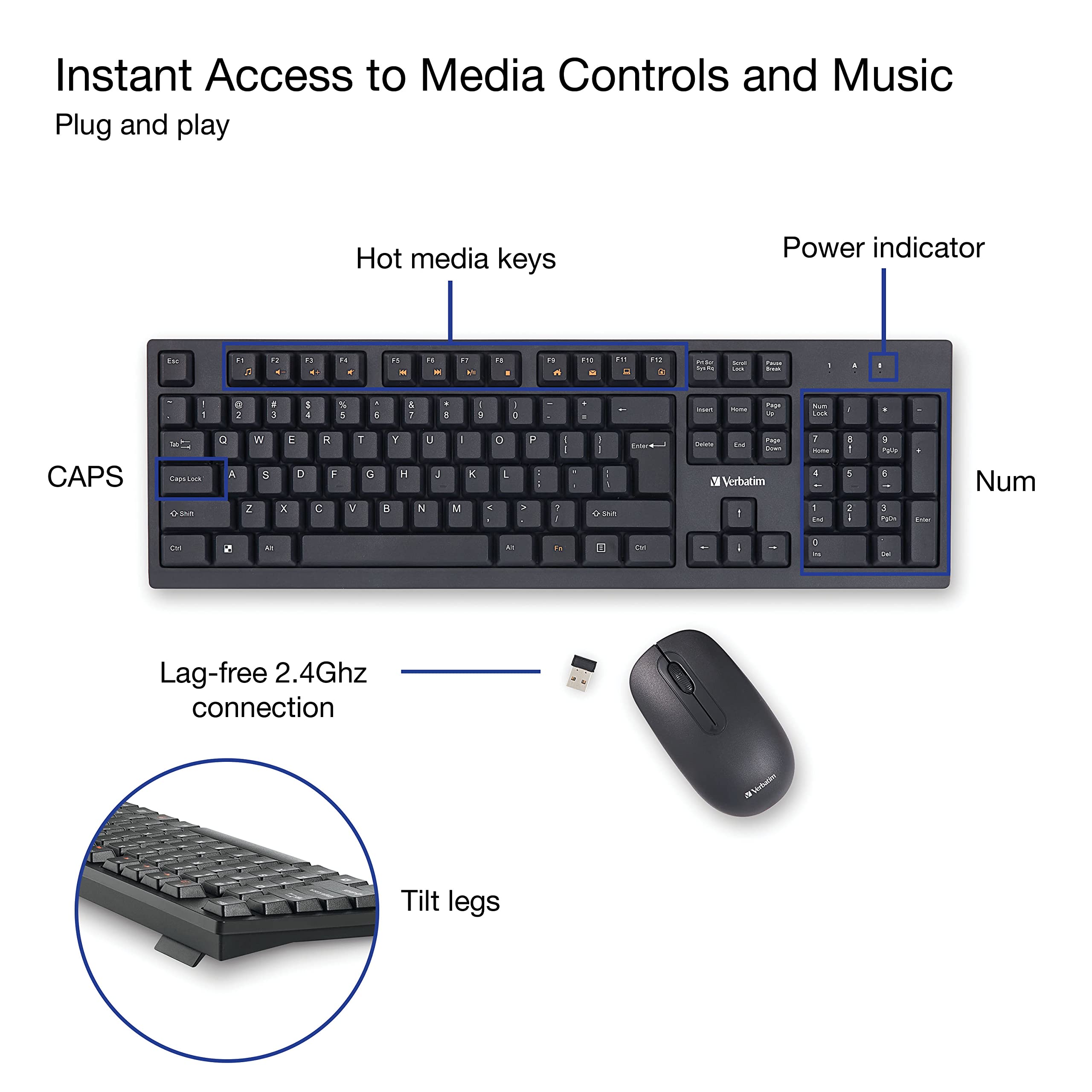 Verbatim Slimline Wireless Keyboard And Mouse Combo 2.4Ghz Usb Plug-And-Play Numeric Keypad Adjustable Tilt Legs Optical Wireles