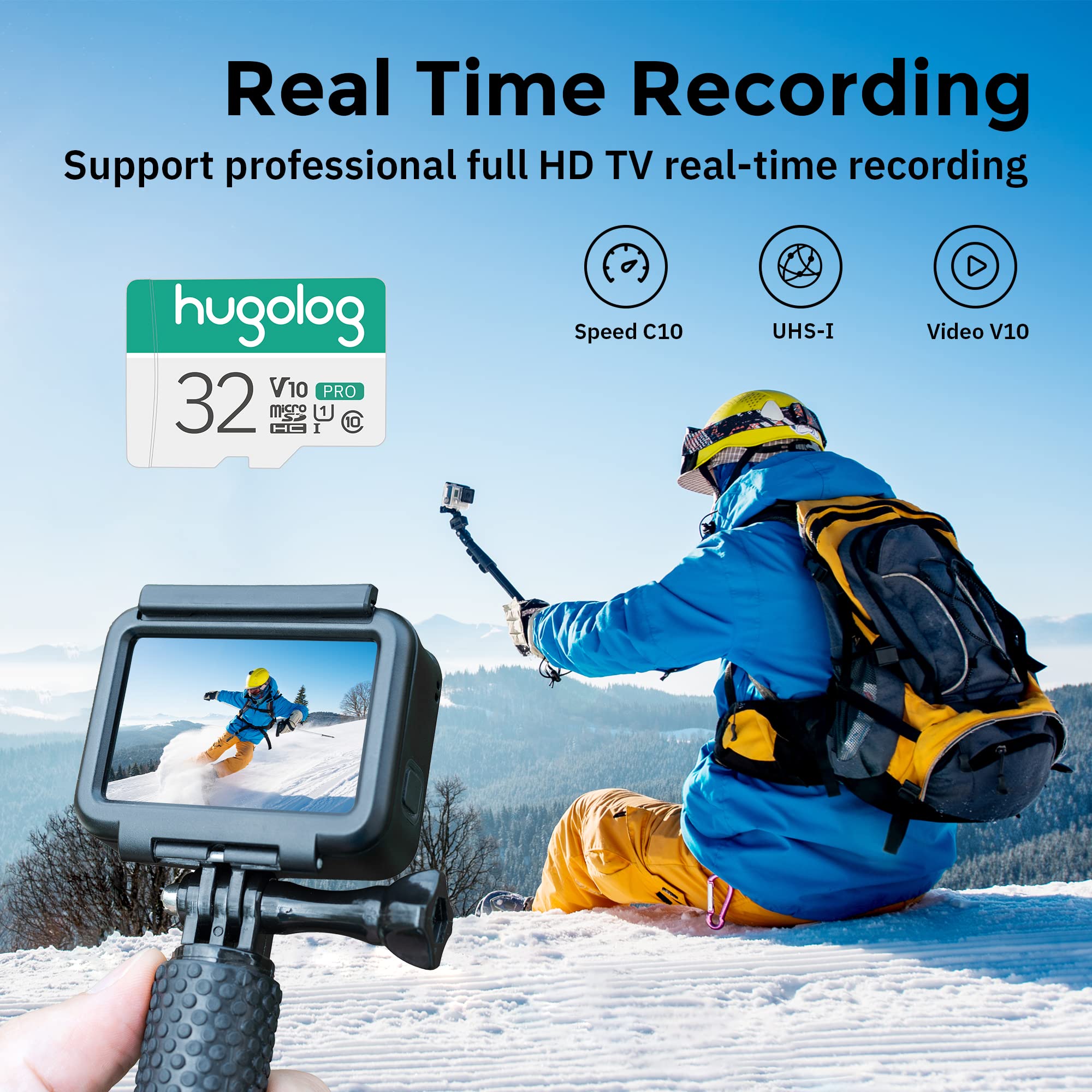 Hugolog 32GB Micro SD Card, UHS-I, 95MB/s, V30, A1, for Camera/Phone/PC - Green