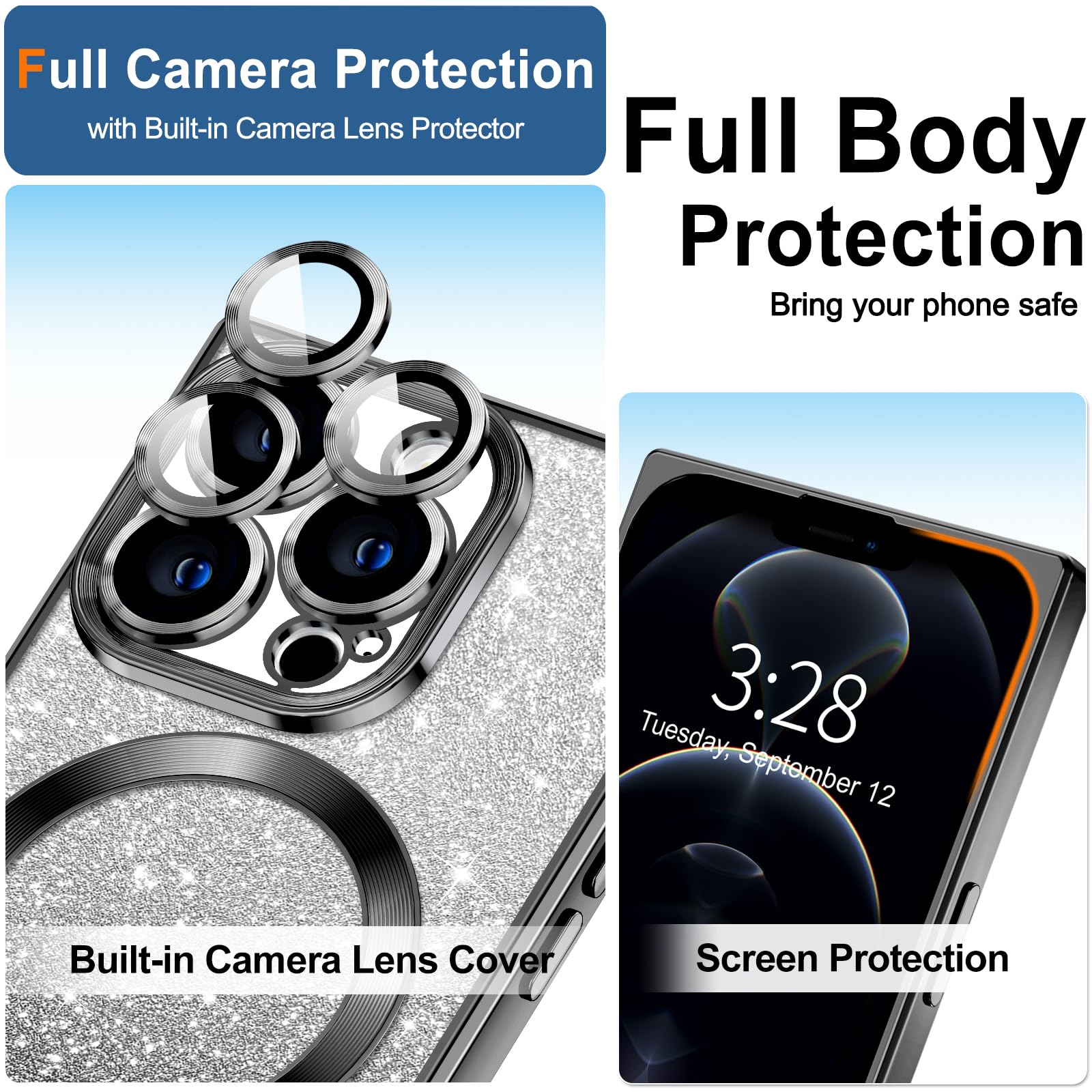 Hython For Iphone 12 Pro Max Case Clear Magnetic Glitter Phone Cases [Compatible With Magsafe] Full Camera Lens Protector Gradie