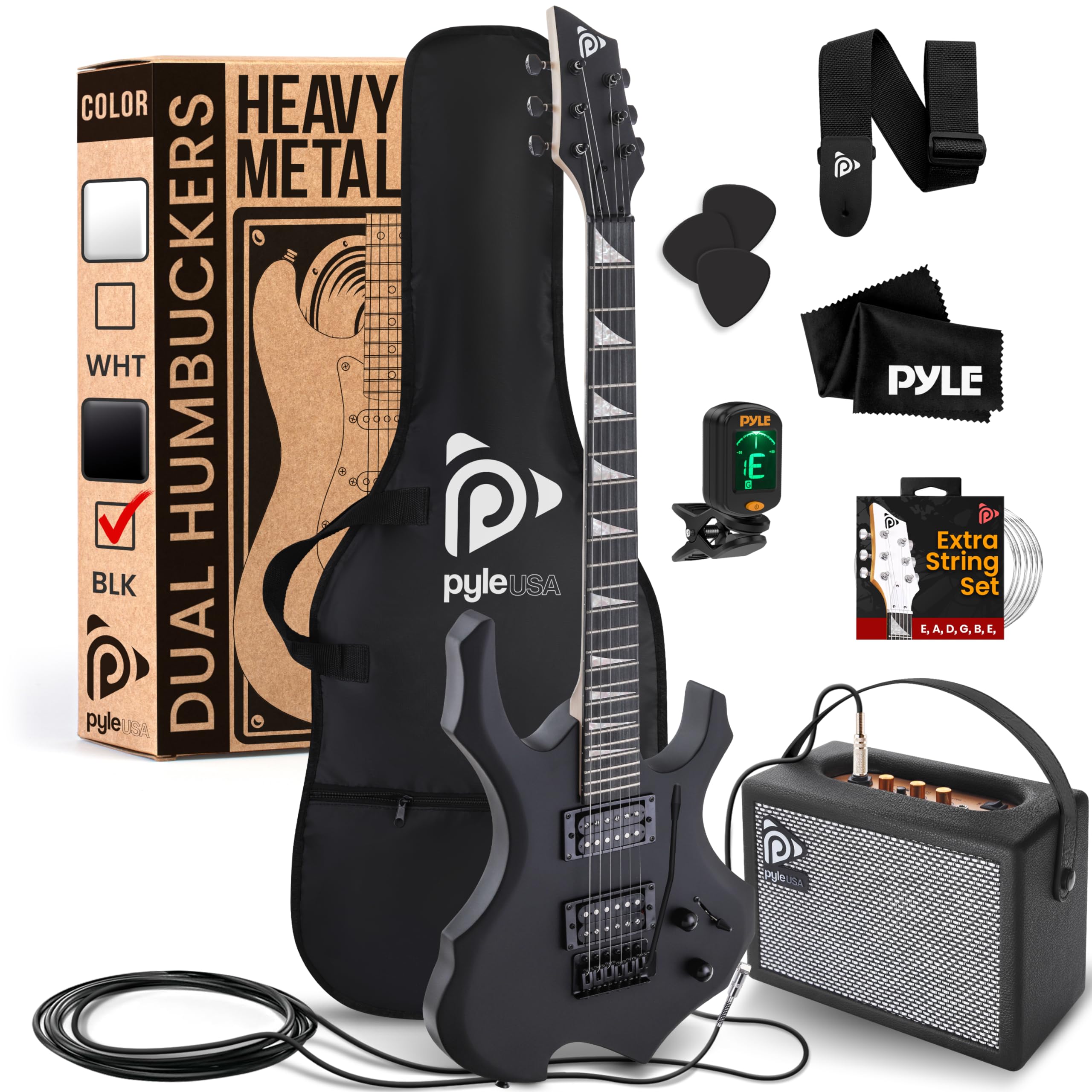 Pyle Heavy Metal Eg Fire Electric Guitar Axe W/ Amplifier Kit, Full Size Instrument W/ Practice Amp & Accessories, Black Matte