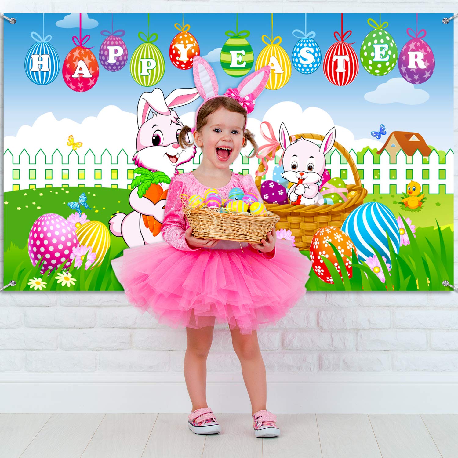 Happy Easter Party Backdrop Banner, Spring Easter Rabbit Colorful Eggs And Chick Sign Green Grass Yard Photo Background Bunny Ph