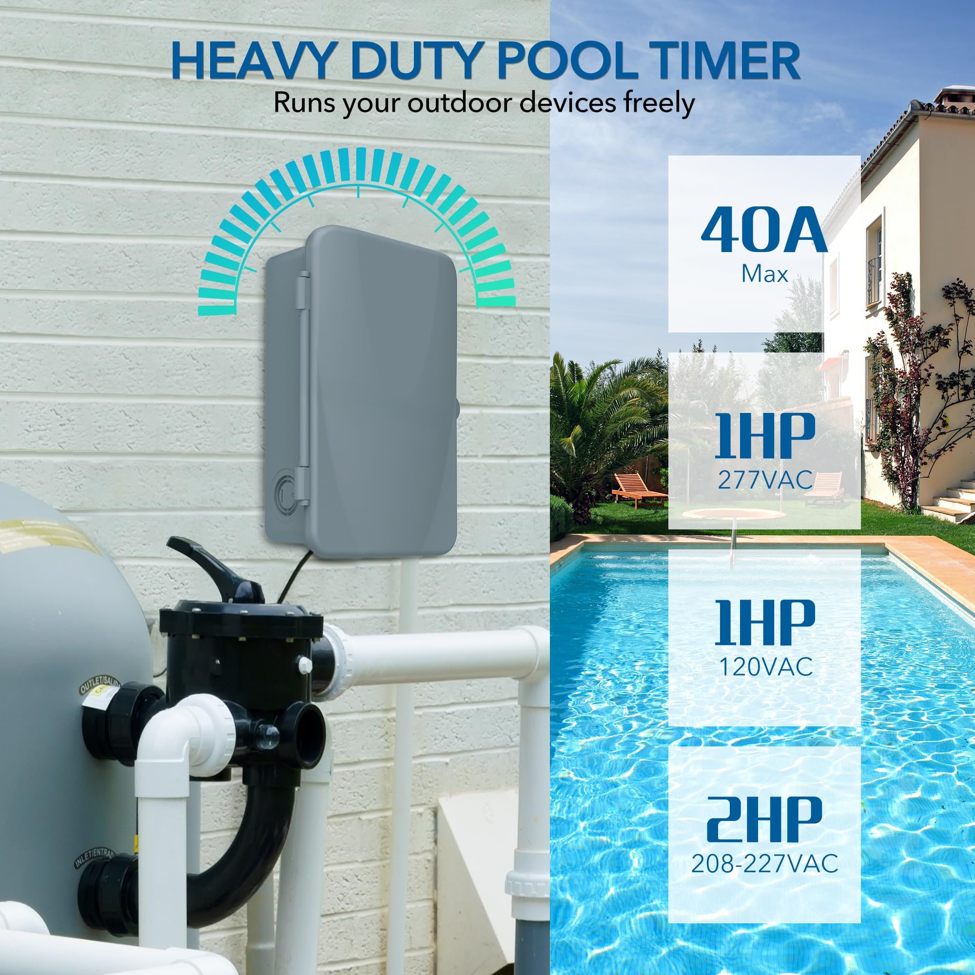 Bn Link Pool Pump Timer, Outdoor Timer Box, Heavy Duty, 2Hp 40A Max, 120, 240, 277 Vac, For Pool Pump, Water Heater, Fans, Spa,