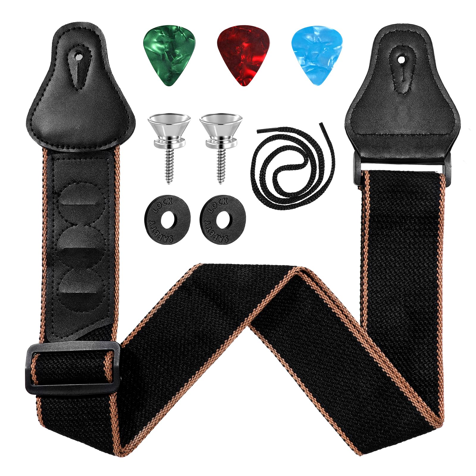 Acoustic Guitar Strap, PU Leather Ends Guitar Accessories with 2 Buttons 2 Locks 3 Guitars Picks Pick Soft Cotton Leather Guitar