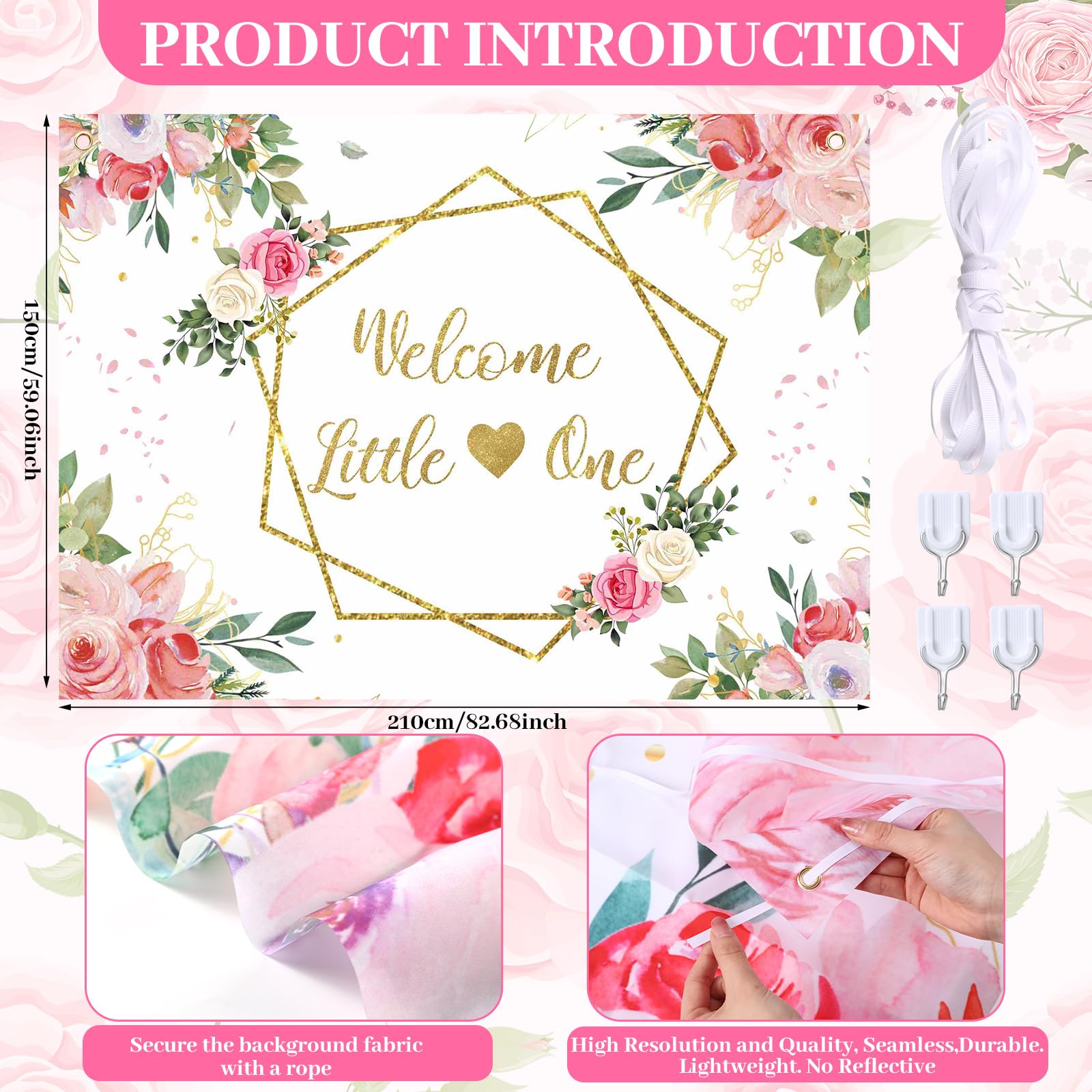 Newwiee Floral Baby Shower Theme Backdrop For Neutral Welcome Little One Photography Background Glitter Gold Lines Baby Shower T