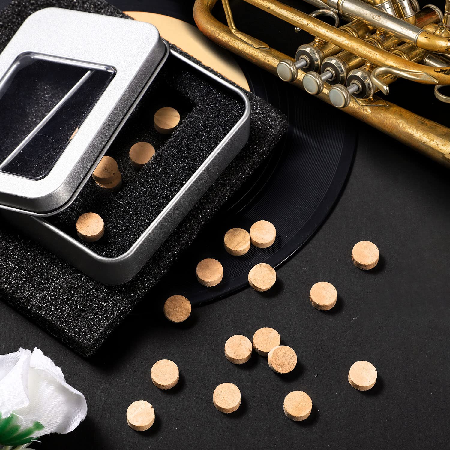 Facmogu 20Pcs Trumpet Spit Valve Cork, 9    4Mm Trombone Water Key Spit Valve Cork Pad With Storage Box, Bach Trumpet Corks Wate