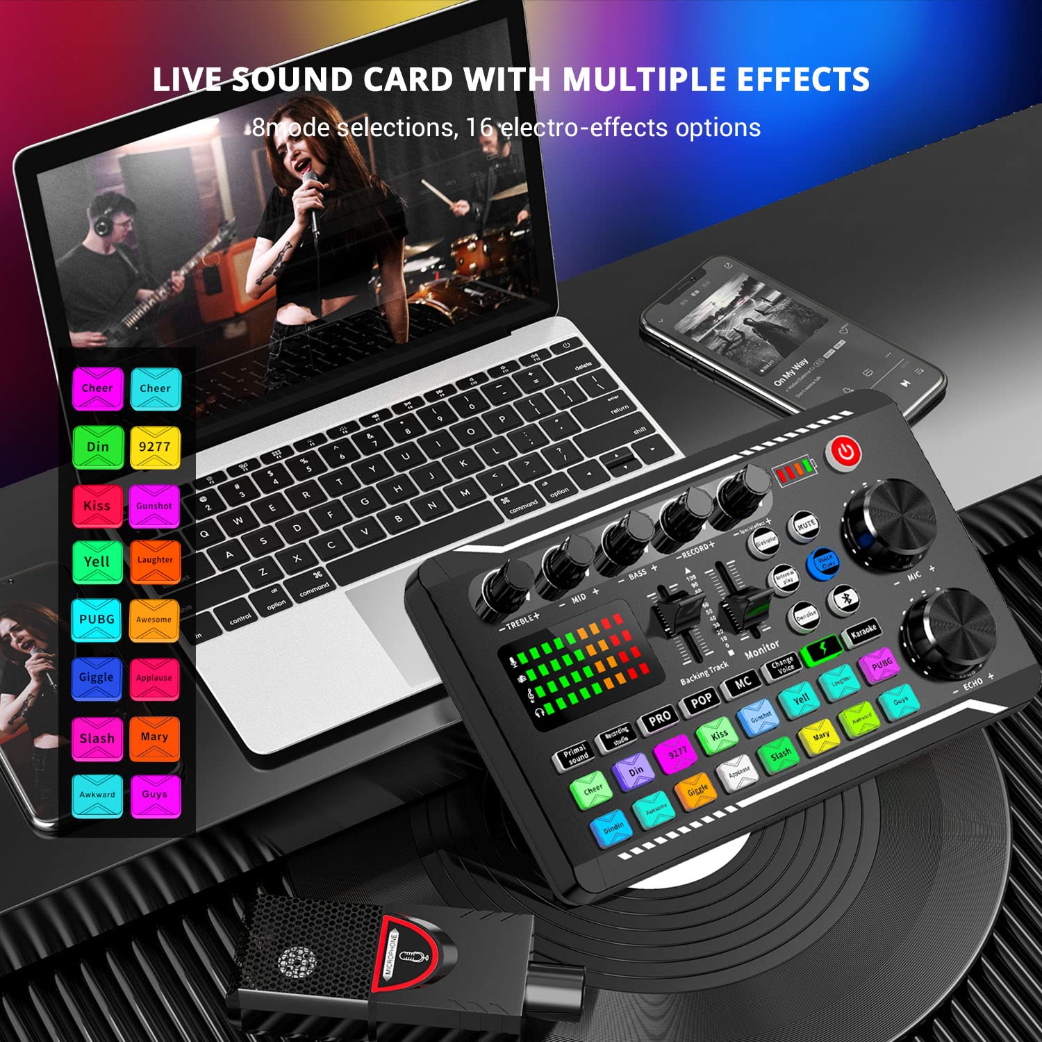 Facmogu F998 Live Sound Card Audio Mixer, Podcast Audio Interface With Dj Mixer Effects, Voice Changer With Sound Effects For Karaoke Tiktok Youtube Live Streaming Record Gaming