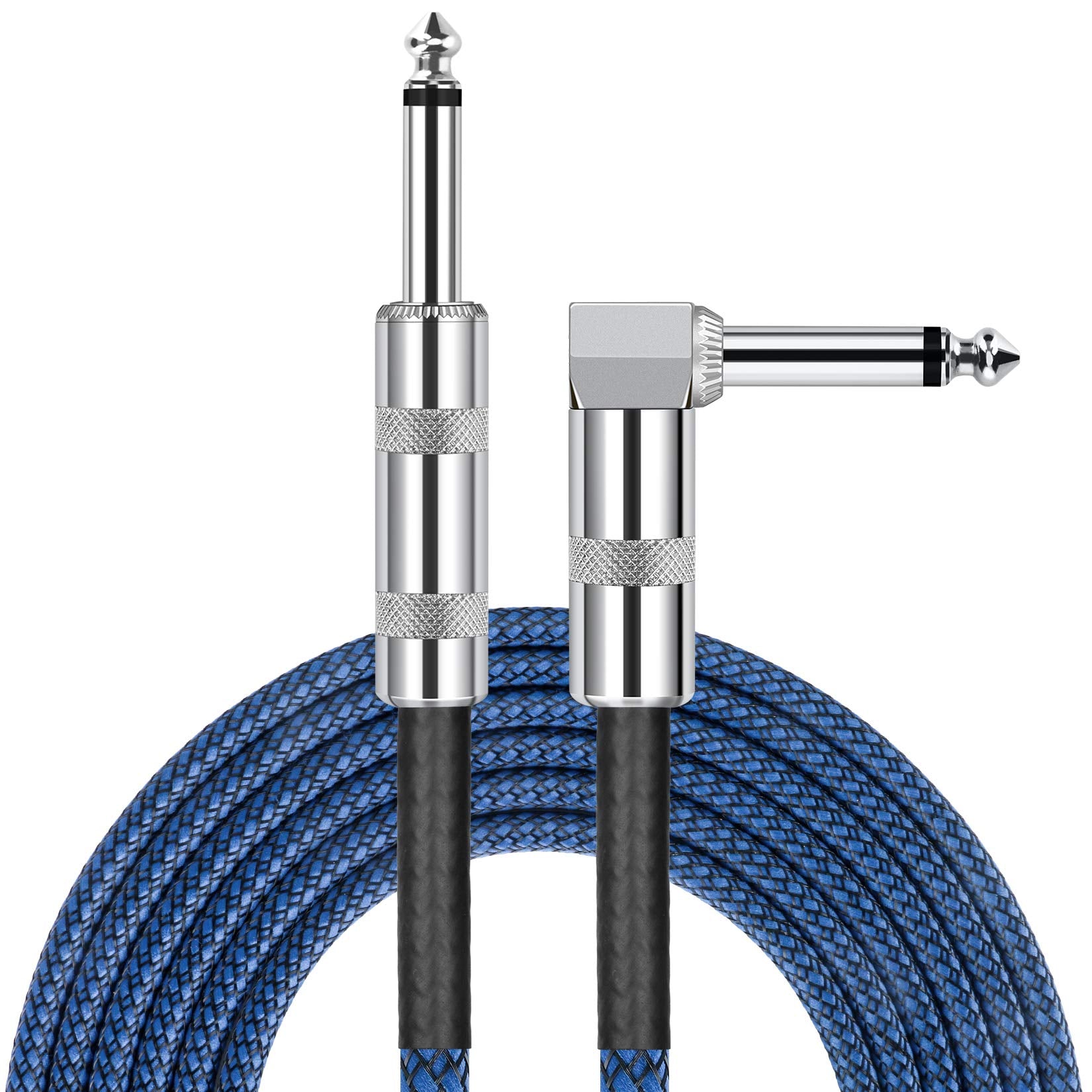 JOLGOO Guitar Cable 1/4 Inch Cable 20 Ft Straight to Right Angle 1/4 Inch 6.35mm Plug Bass Keyboard Instrument Cable Blue and Bl