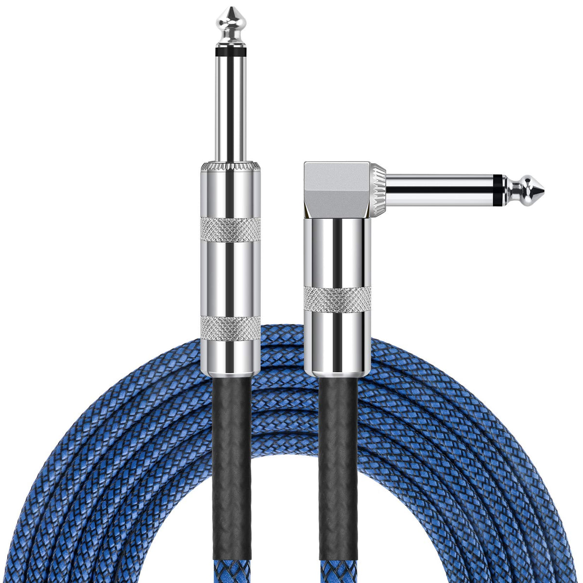 Jolgoo 1/4 Inch Cable Guitar Cable 10 Ft Straight To Right Angle 1/4 Inch 6.35Mm Plug Bass Keyboard Instrument Cable Blue And Black Tweed Cloth Jacket, Electric Mandolin, Pro Audio