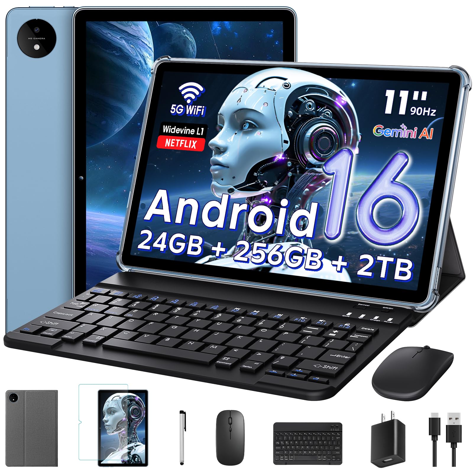 11 Inch Tablet Android 16 with Keyboard, 24GB RAM + 256GB ROM (2TB Expand), T7250 Octa-Core, 1920x1200 IPS FHD Display, 16MP+8MP