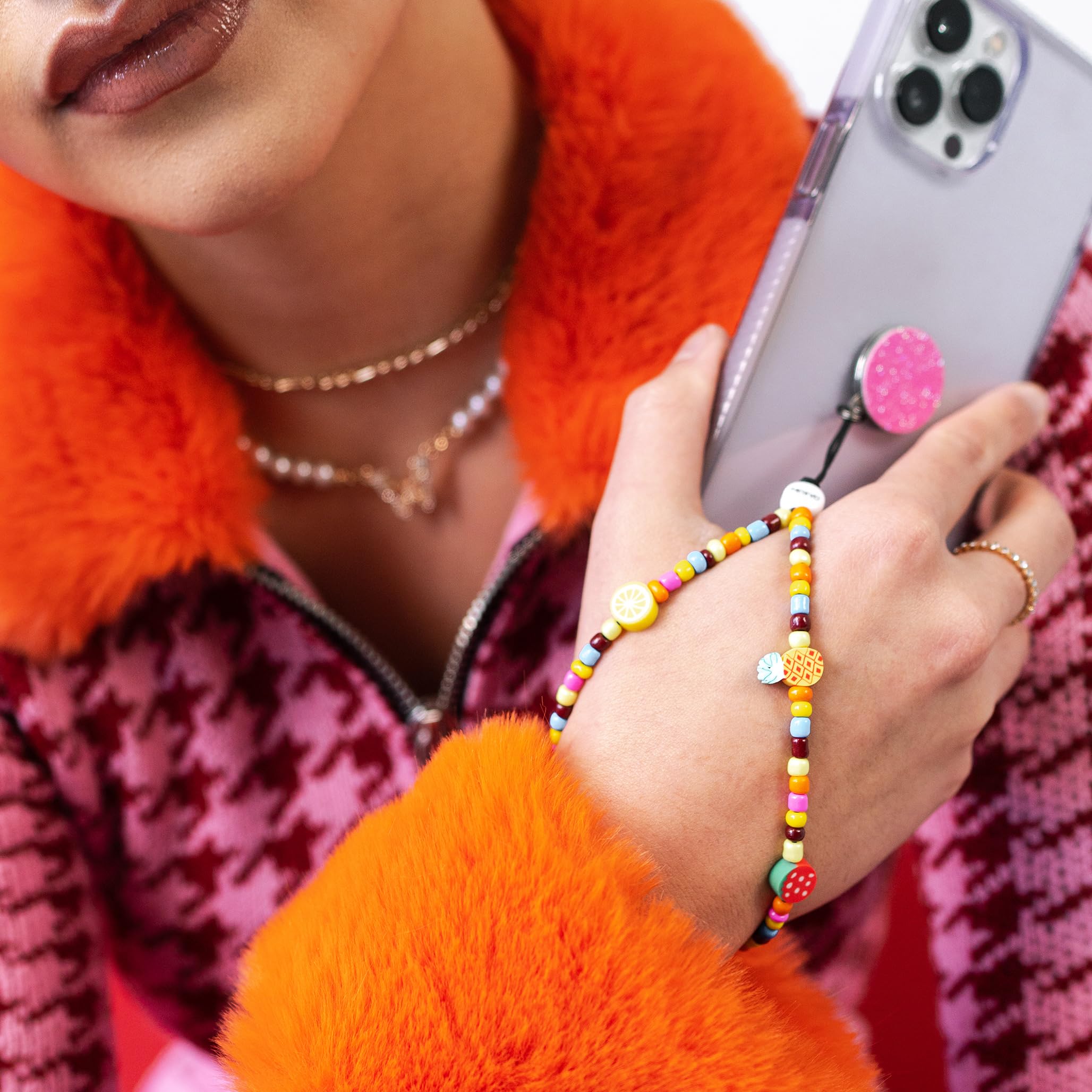 Moxyo Zigi Band Beaded Charm Bracelet Universal Wrist Strap Glitter Fruit Beaded Phone Lanyard, Adhesive Device Patch Compatible