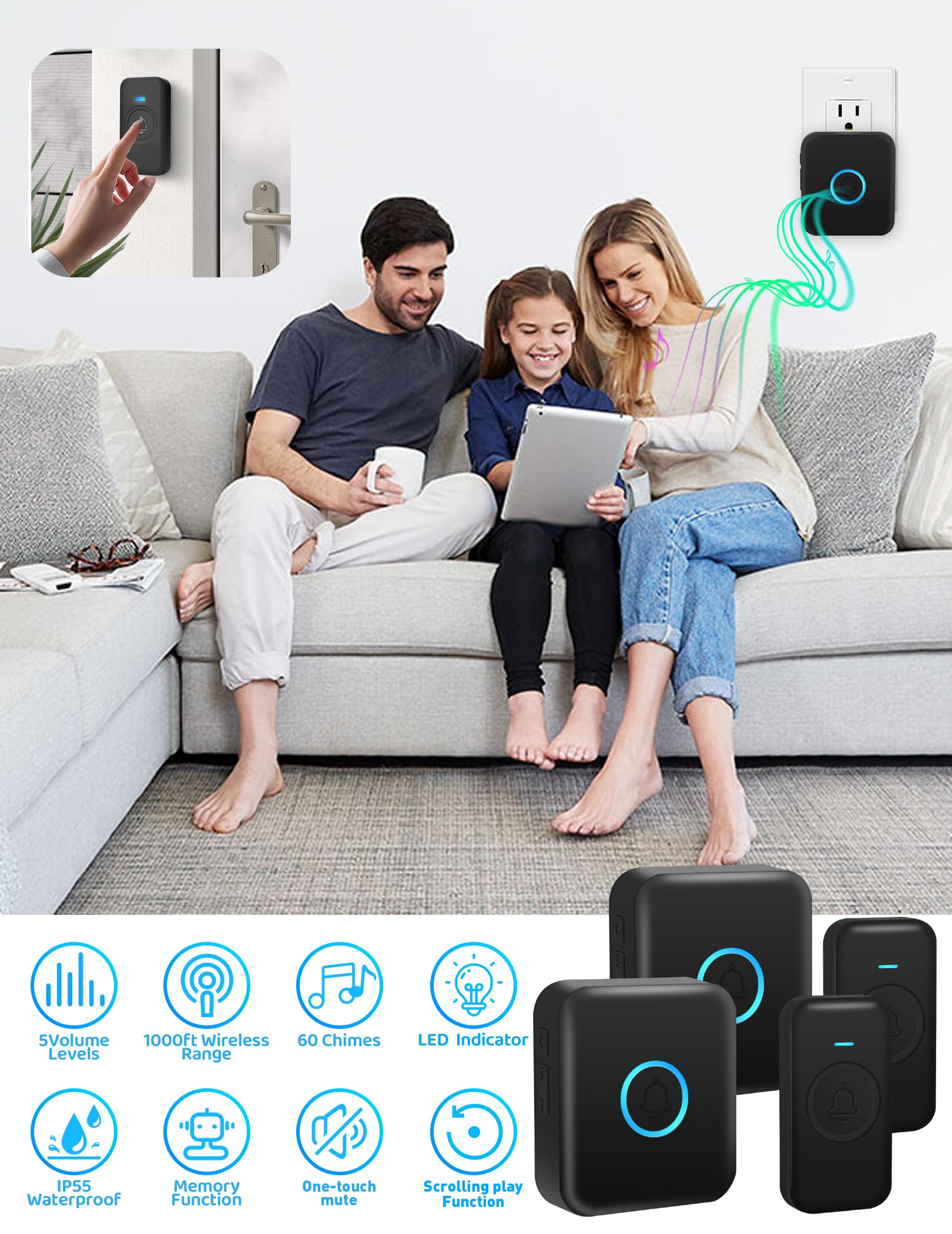 Fovksuc Wireless Doorbell, Waterproof Door Bell With 60 Chimes, 5 Volume Levels & Mute Mode, Loud Door Bell Ringer Wireless For