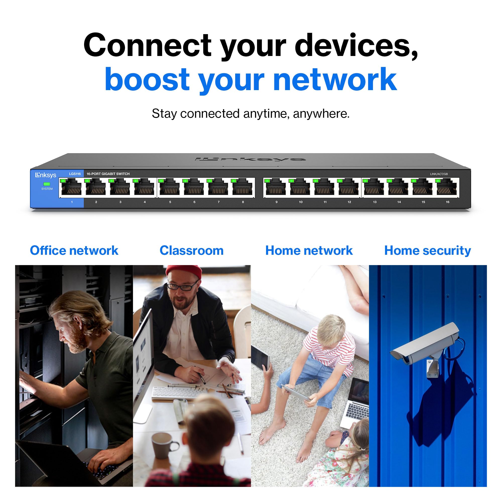 Linksys Lgs116 16 Port Gigabit Unmanaged Network Switch - Home / Office Ethernet Switch Hub With Metal Housing - Wall Mount Or D