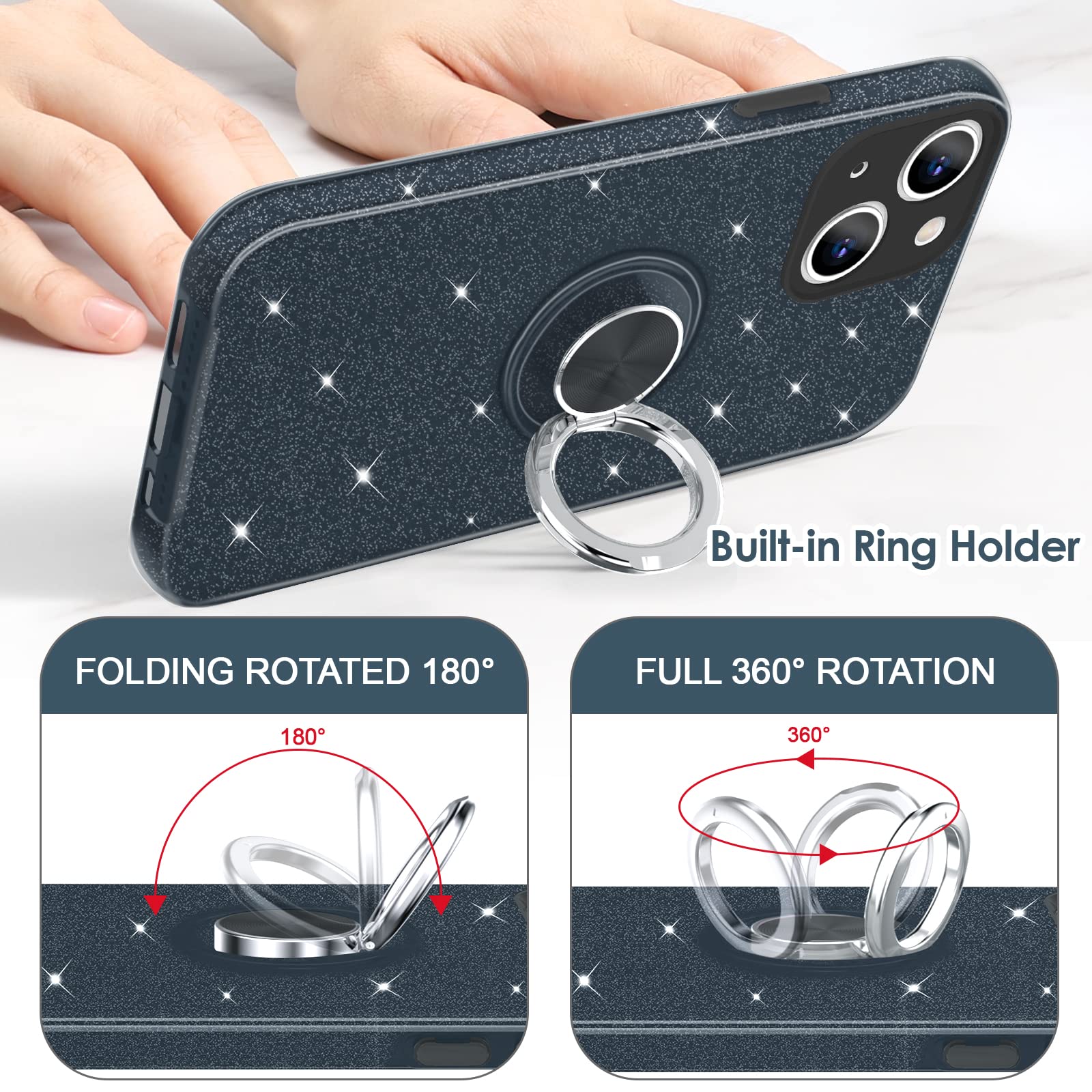 Hython For Iphone 13 Case With Ring Stand [360 Rotatable Ring Holder Magnetic Kickstand] [Support Car Mount] Cute Sparkly Glitte
