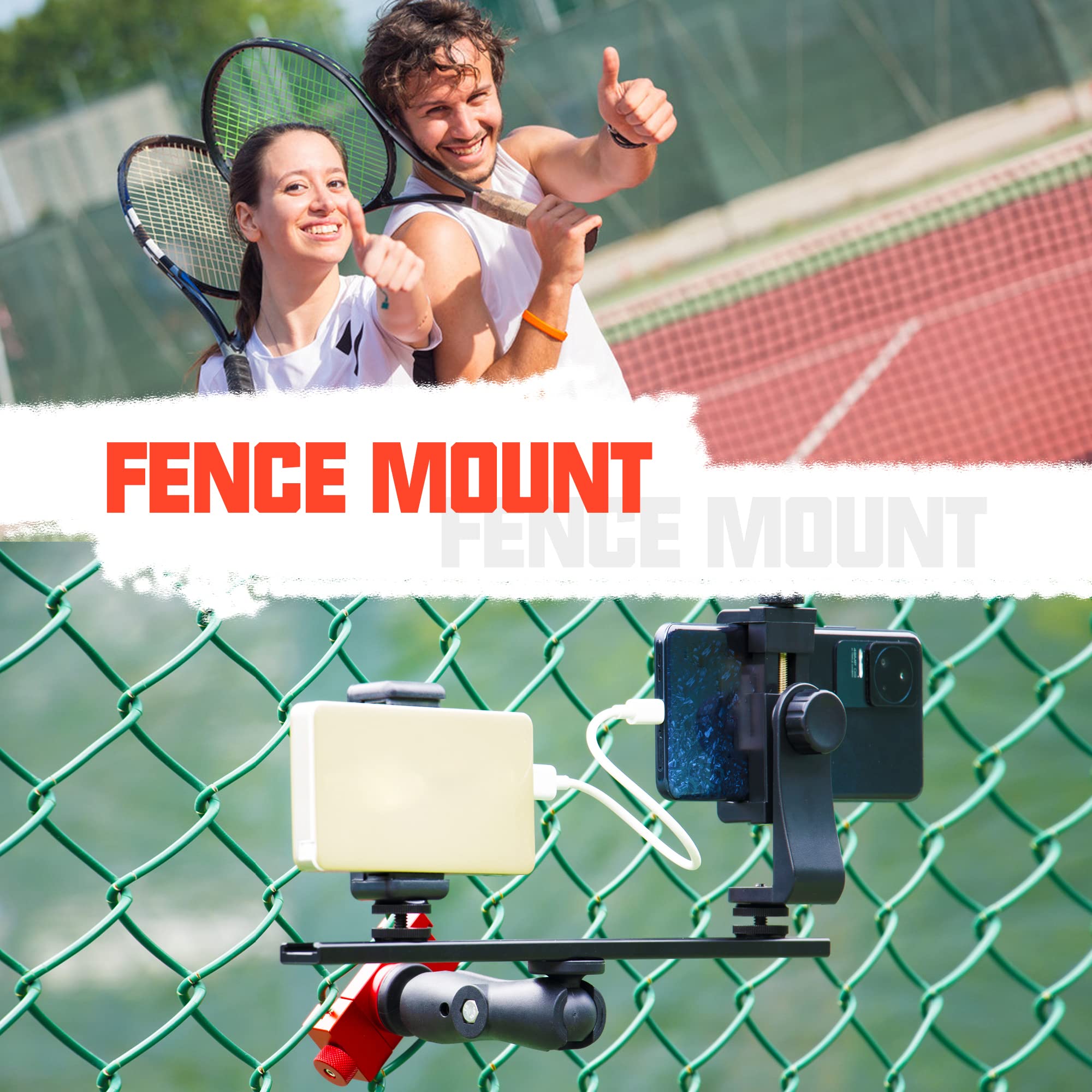 Smartphone Fence Mount   Tennis Camera Fence Mount, Phone Camera Holder Accessories For Gopro, Cell Phone, Mevo Start For Tennis & Pickleball Training,Softball, Baseball,With Recording While Charging