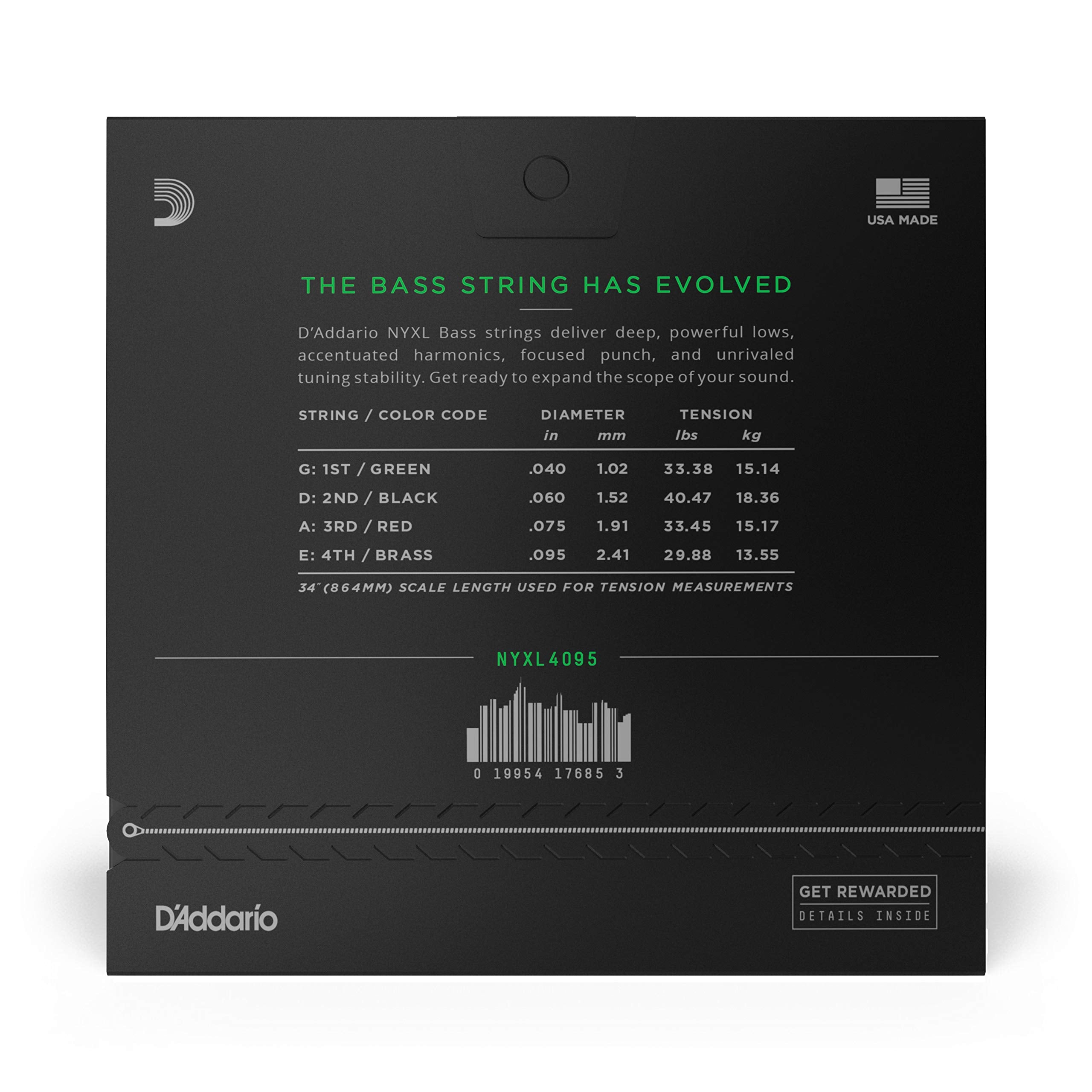 D'Addario Bass Guitar Strings   Nyxl Bass Strings   Nyxl4095   Unrivaled Strength, Tuning Stability, Enhanced Response   For 4 S