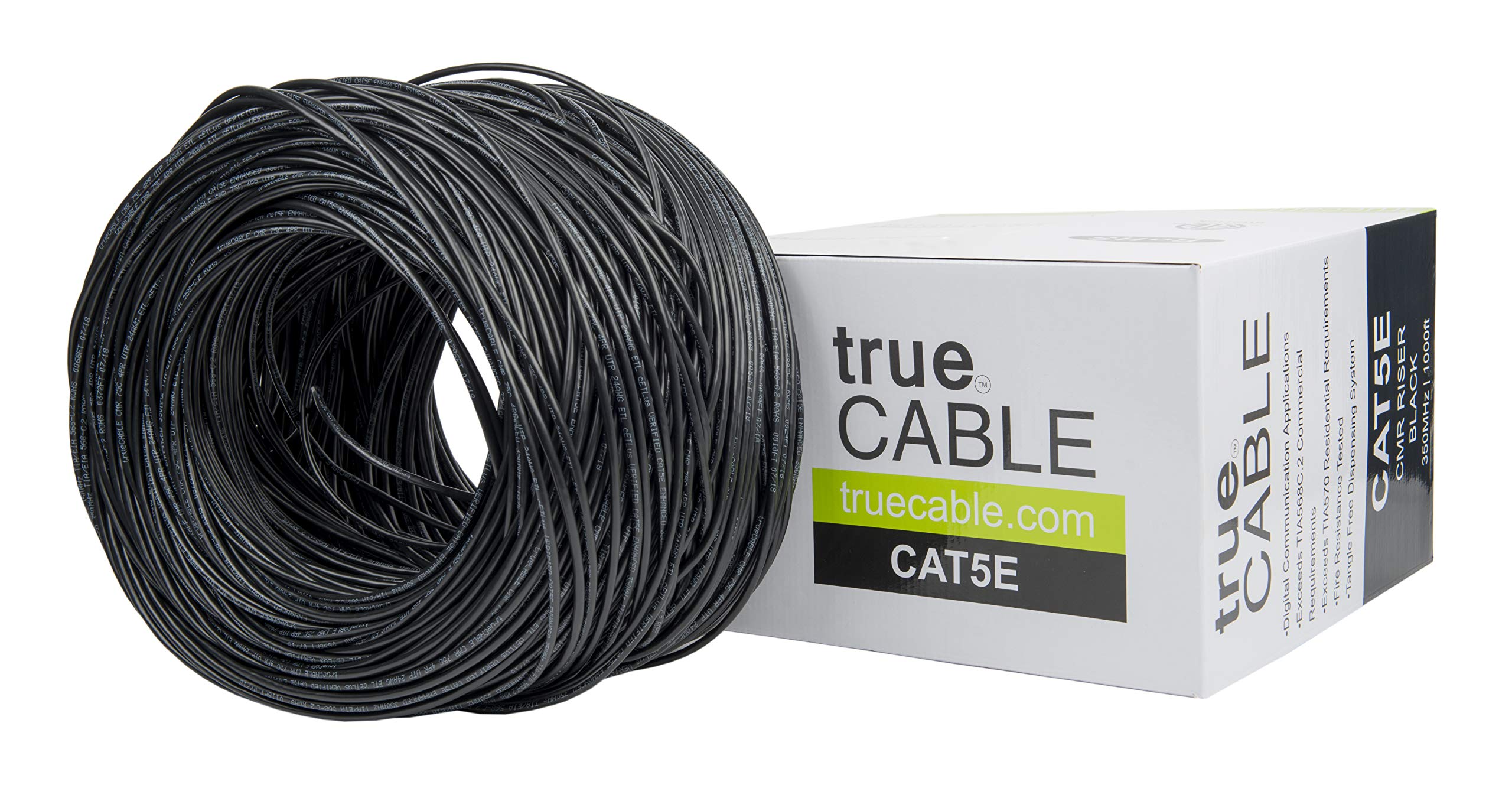 Truecable Cat5E Riser (Cmr), 1000Ft, Black, 24Awg 4 Pair Solid Bare Copper, 350Mhz, Poe++ (4Ppoe), Etl Listed, Unshielded Twisted Pair (Utp), Bulk Ethernet Cable