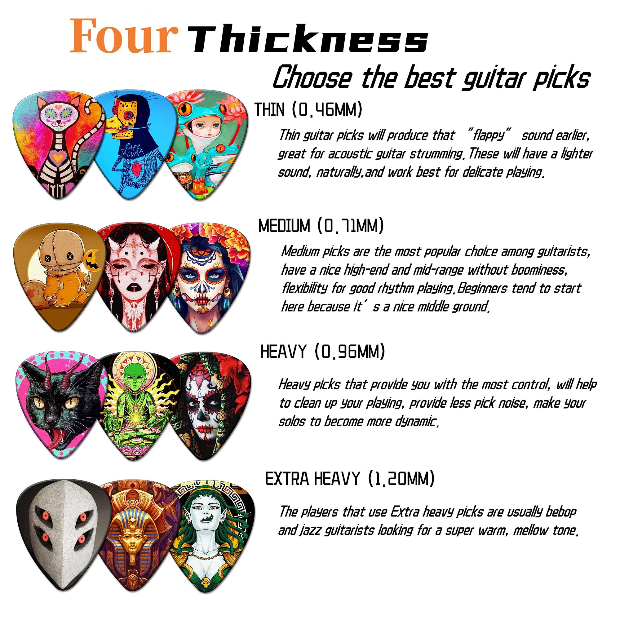 Guitar Picks 24 Pack Thin, Medium, Heavy Bass Guitar Pick With Tin Box,Guitar Picks For Acoustic Guitar,Electric Guitar,Bass,Uku