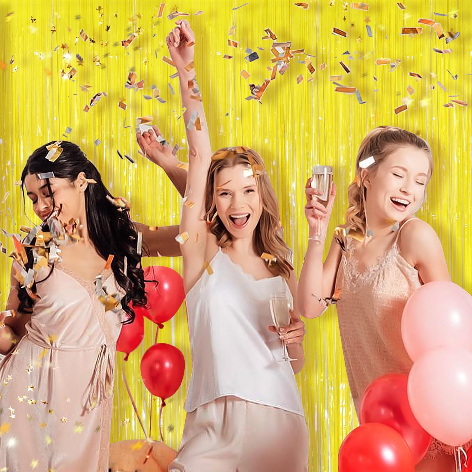 Macaron Yellow Metallic Tinsel Foil Fringe Curtains, 2 Pack 3.3X8.3 Feet Party Streamer For Birthday Party Decorations, Hallowee