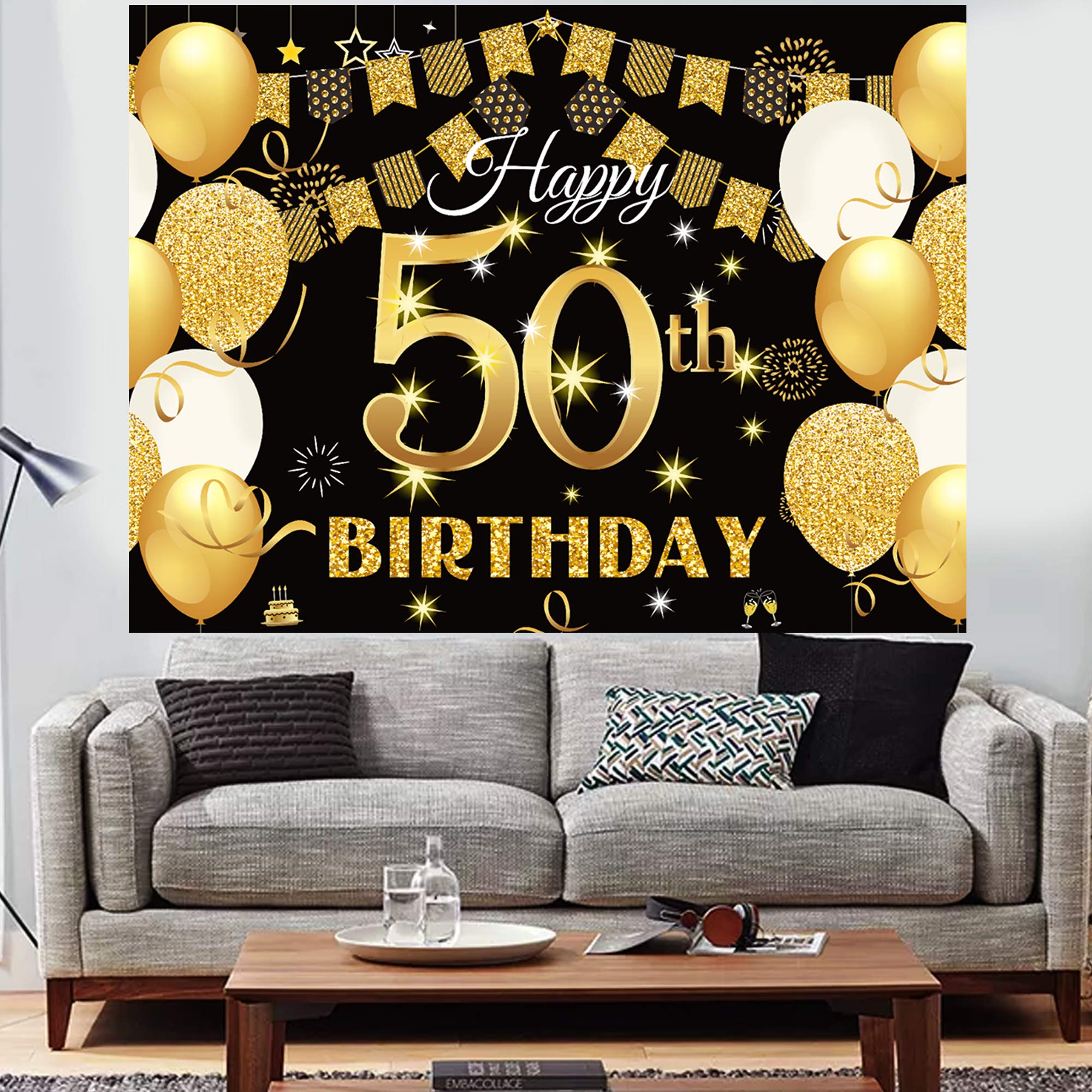 Saliyaa 7X5Ft Happy 50Th Birthday Backdrop,Happy Birthday Party Decoration, Black Gold Birthday Sign Poster Photo Booth Backdrop
