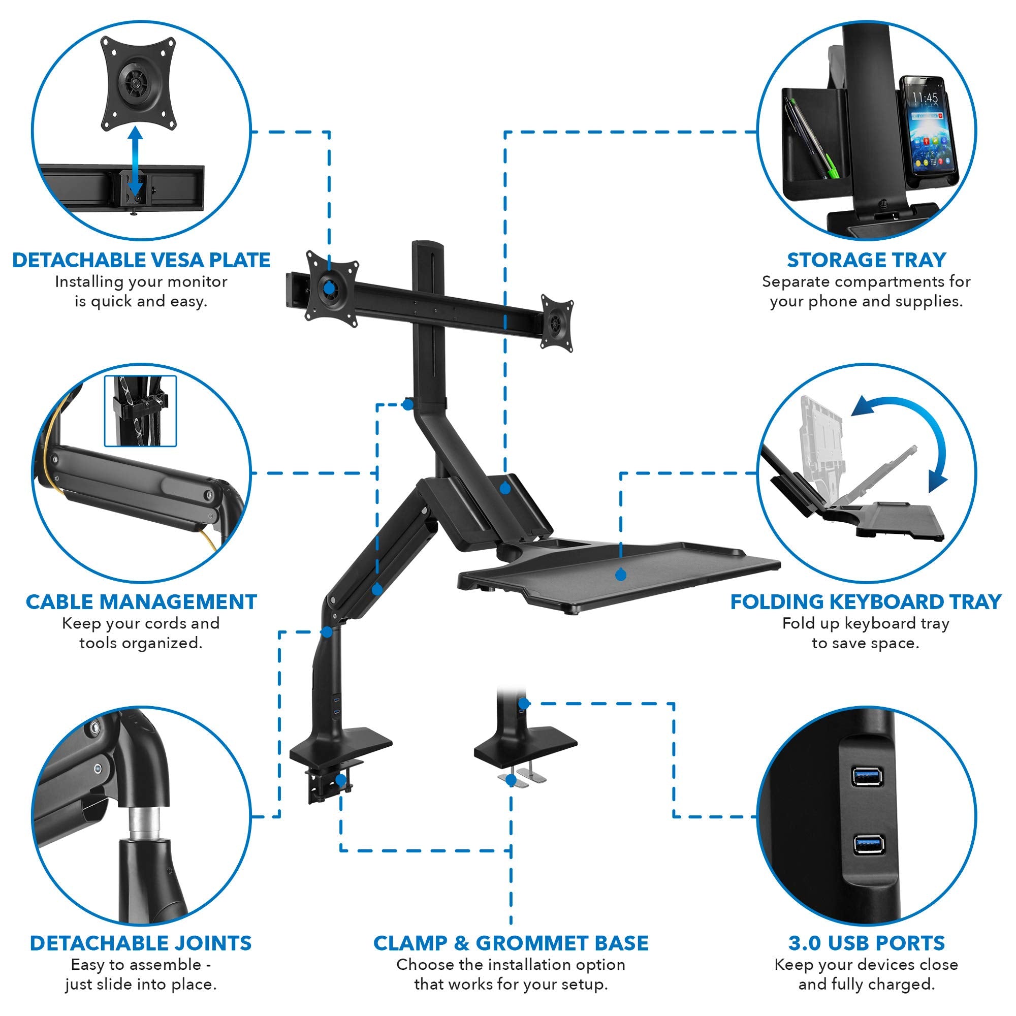 Mount It! Dual Monitor Sit Stand Workstation with Gas Spring Arm | Height Adjustable Standing Desk Converter | 2 Integrated USB 3.0 Ports | VESA 75 100 | C Clamp and Grommet Base