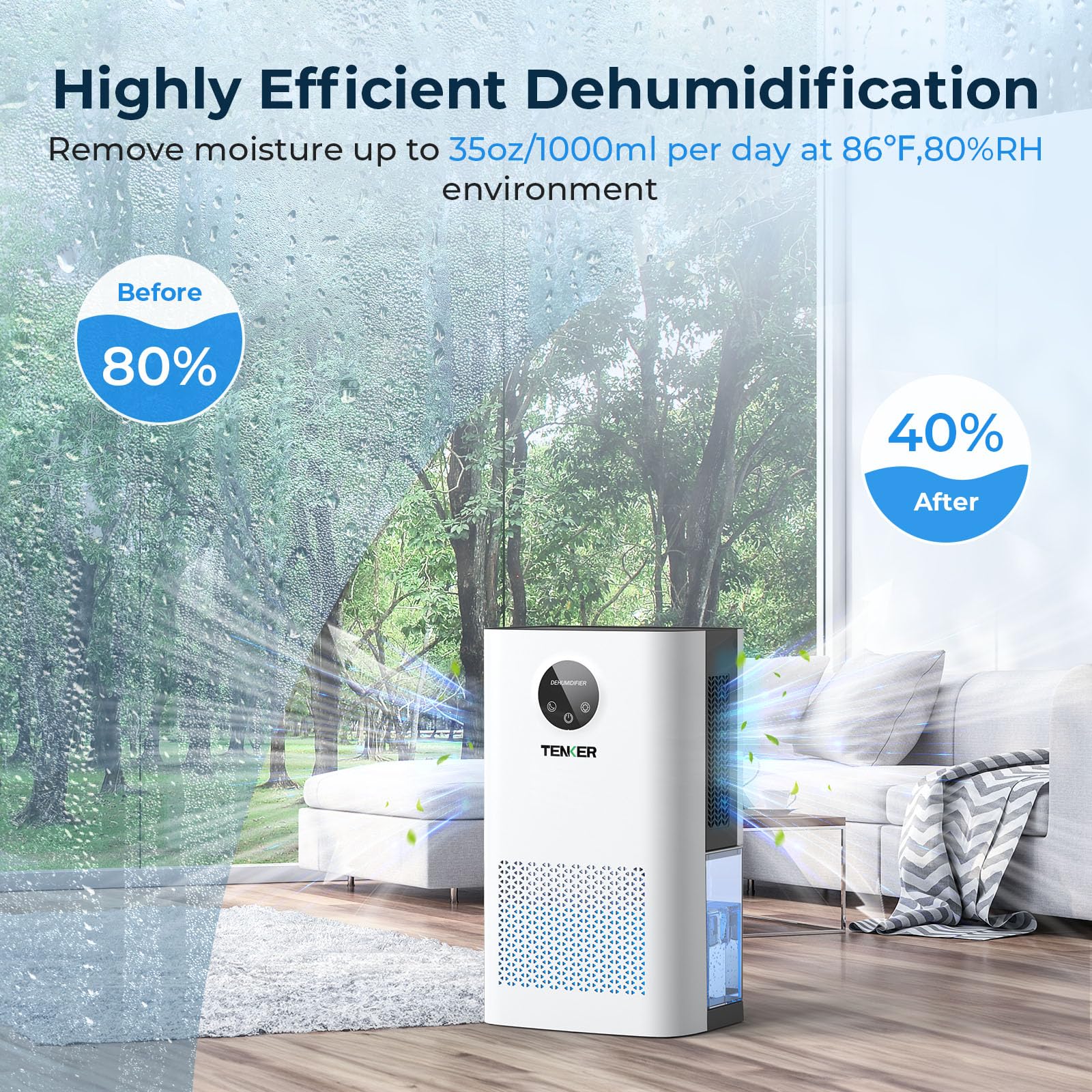 Tenker Dehumidifier For Home, 77 Oz Water Tank (1000 Sq.Ft) Dehumidifiers, Quiet Dehumidifier With Sleep Mode, Auto Shut Off, 7-