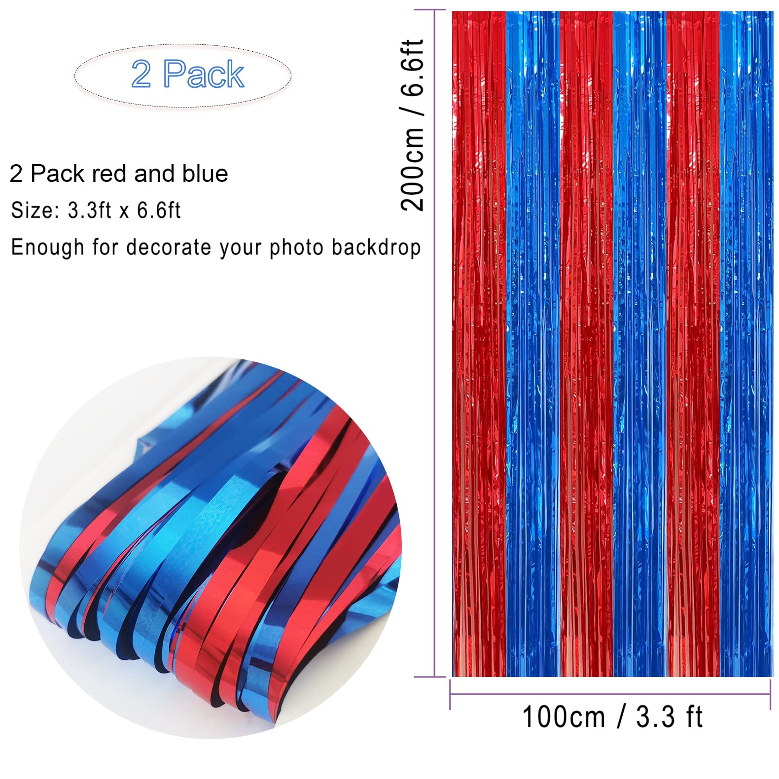 2 Pack Red And Blue Foil Fringe Curtains Photo Booth Prop Tinsel Streamer Backdrops Birthday Party Supplies Bachelorette Bridal