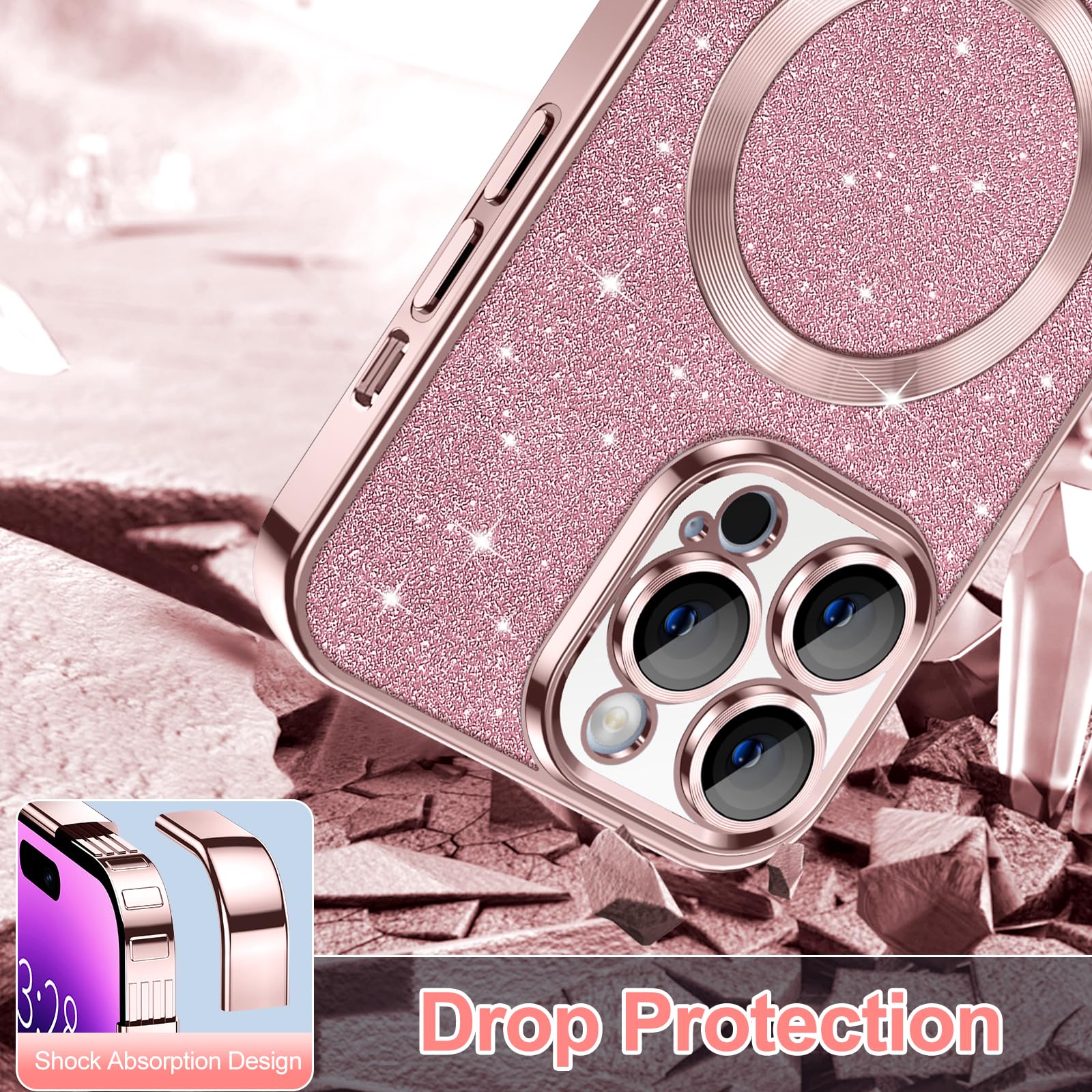Hython For Iphone 14 Pro Max Case Glitter, Clear Magnetic Phone Cases With Camera Lens Protector [Compatible With Magsafe] Bling