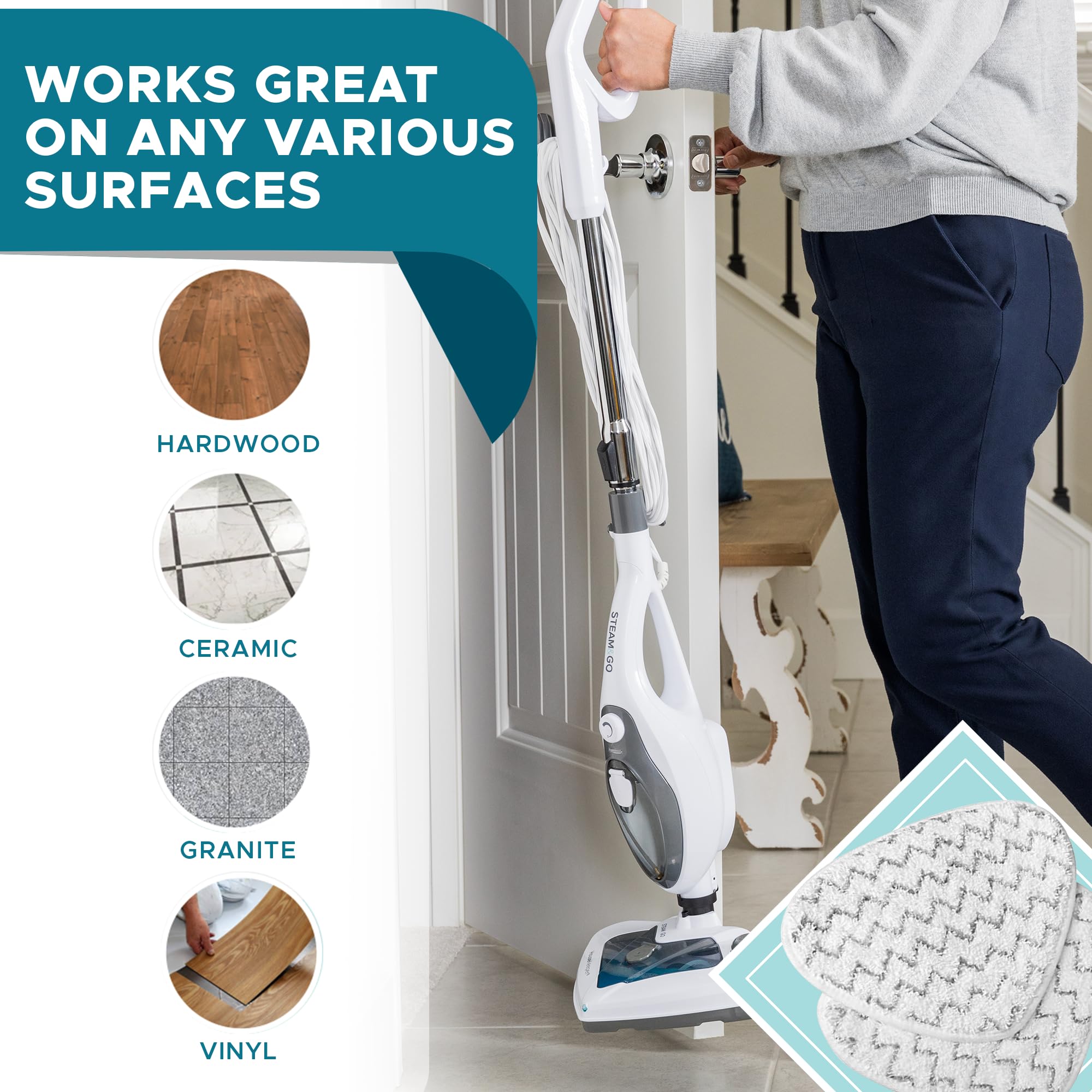 Steam & Go   Premium Steam Mop Pads With Scrubbing Strips, Microfiber Floor Steamer And Carpet Steamer Pads, Durable Steam Mops