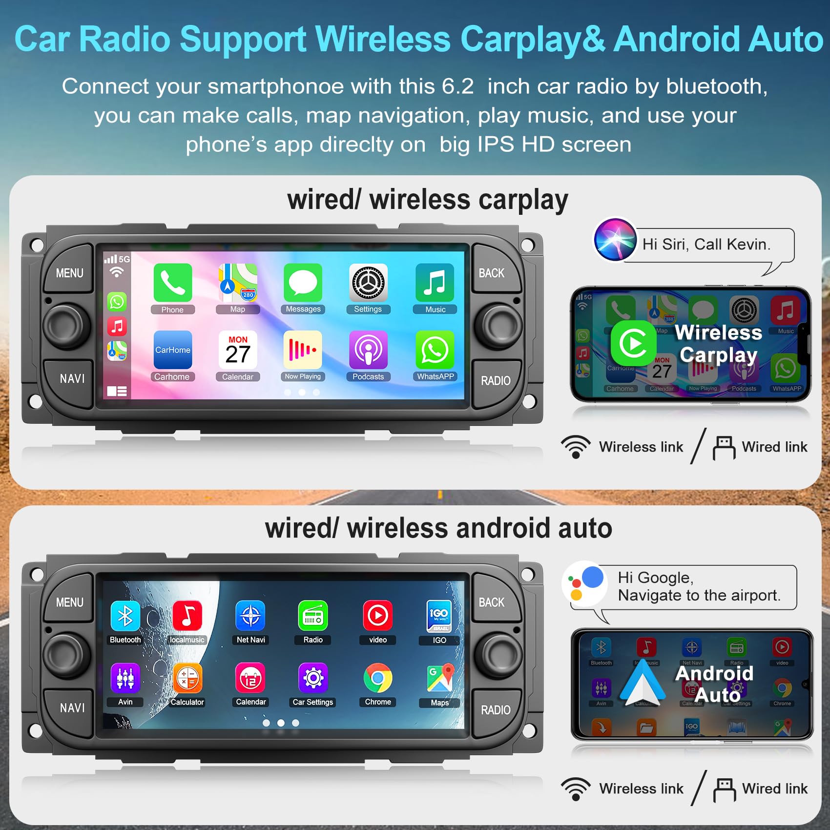 2+32G Car Radio For Chrysler Dodge Jeep Wrangler Grand Cherokee, 6.2 Inch Car Stereo Built In Apple Carplay Android Auto,Gps Nav
