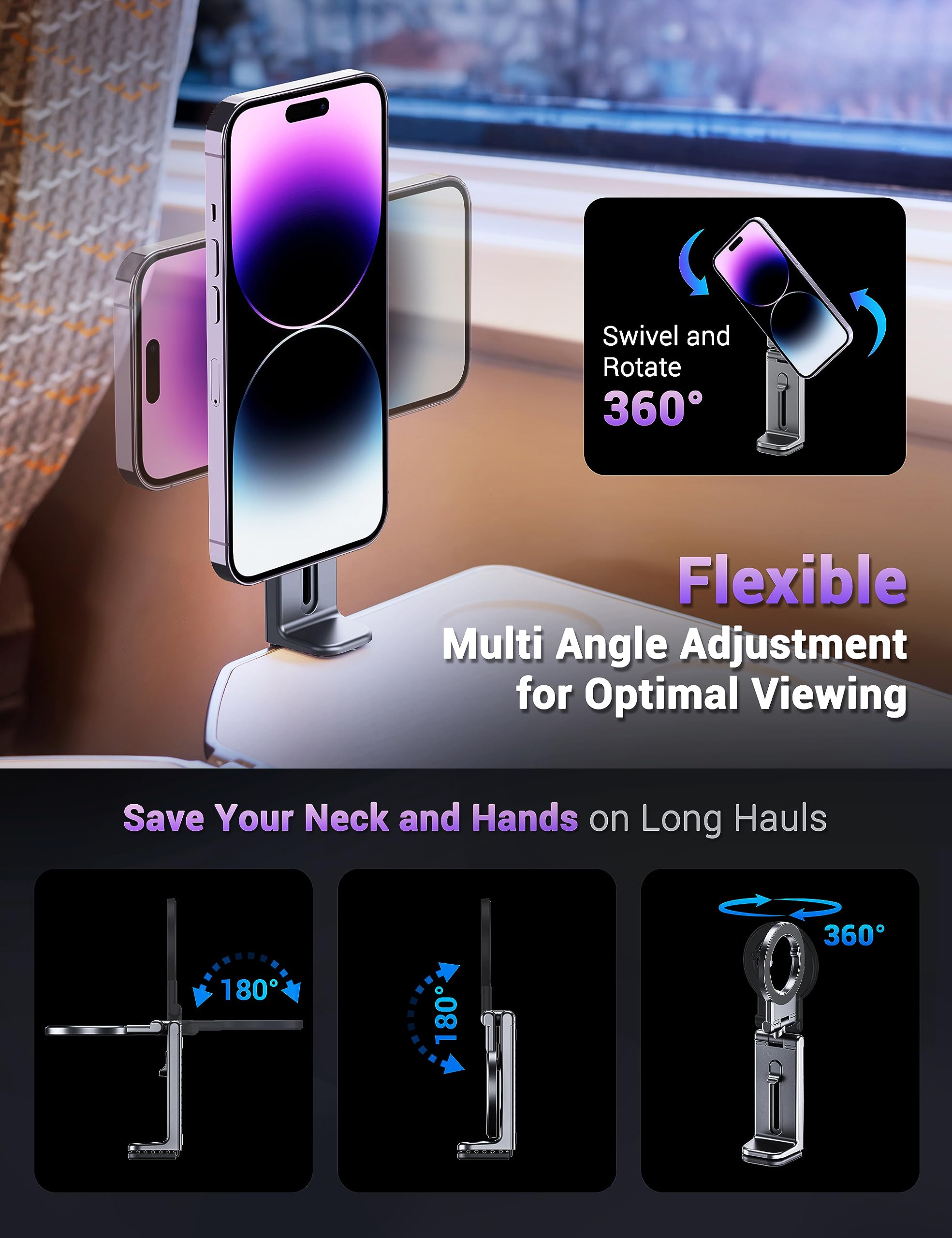 Profezzion Magnetic Airplane Phone Holder For Magsafe, Iphone 16, 15, 14, 13, 12 & All Phones, Handsfree Phone Mount For Seat Tr