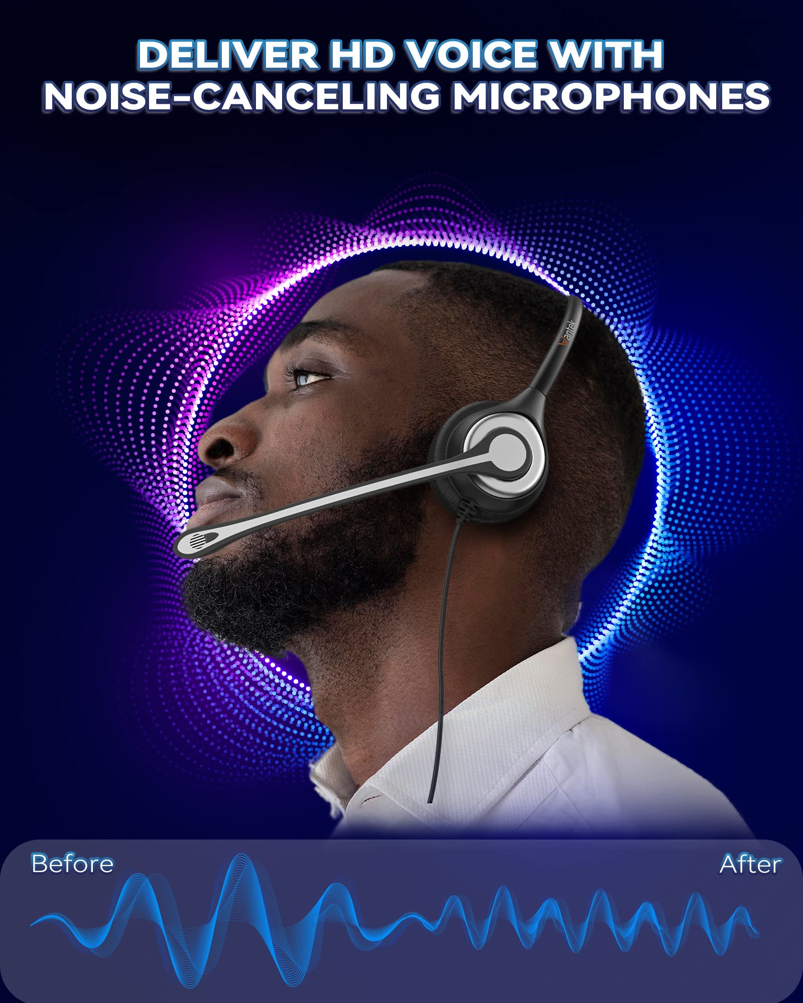 Wantek Corded Office Telephone Headset Rj9 With Noise Cancelling Mic And Quick Disconnect Compatible With Polycom Vvx310 Vvx311