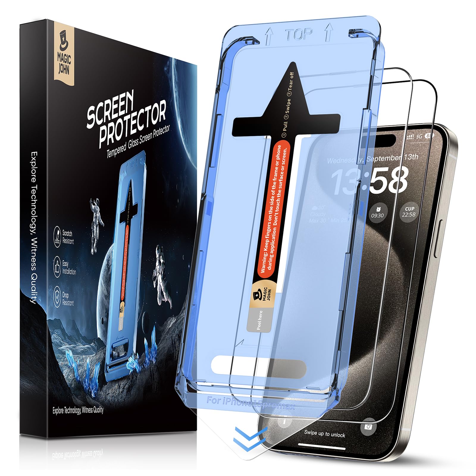 Magic John 2 Pack For Iphone 15 Pro Max 6.7 Inch Tempered Glass Screen Protector, Auto Dust Elimination Installation, Bubble Fre