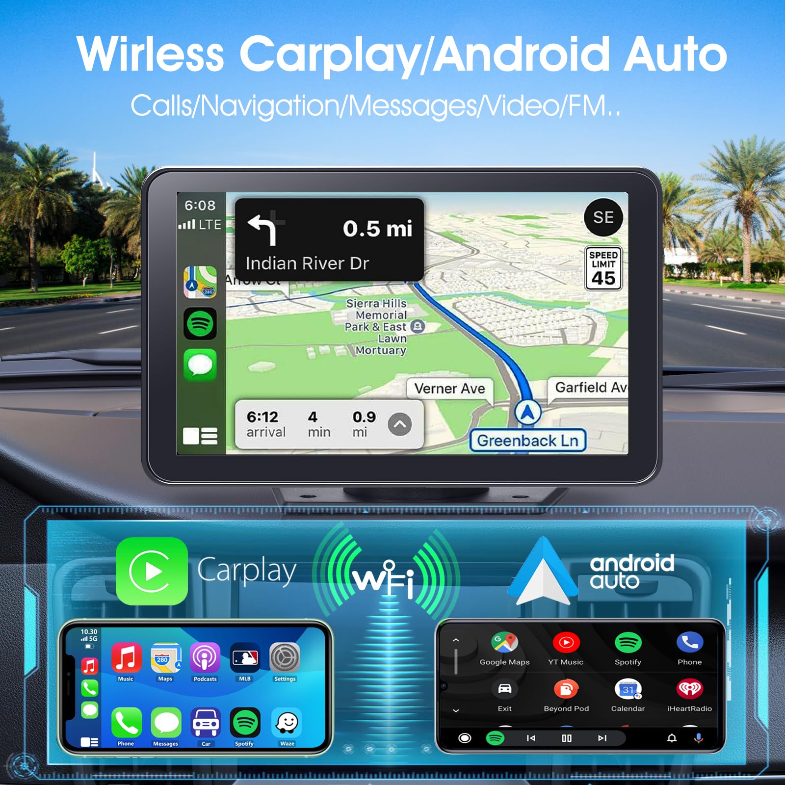 Portable Wireless Carplay Screen For Car, 7 Inch Double Din Car Stereo For Apple Carplay & Android Auto, Multimedia Player With