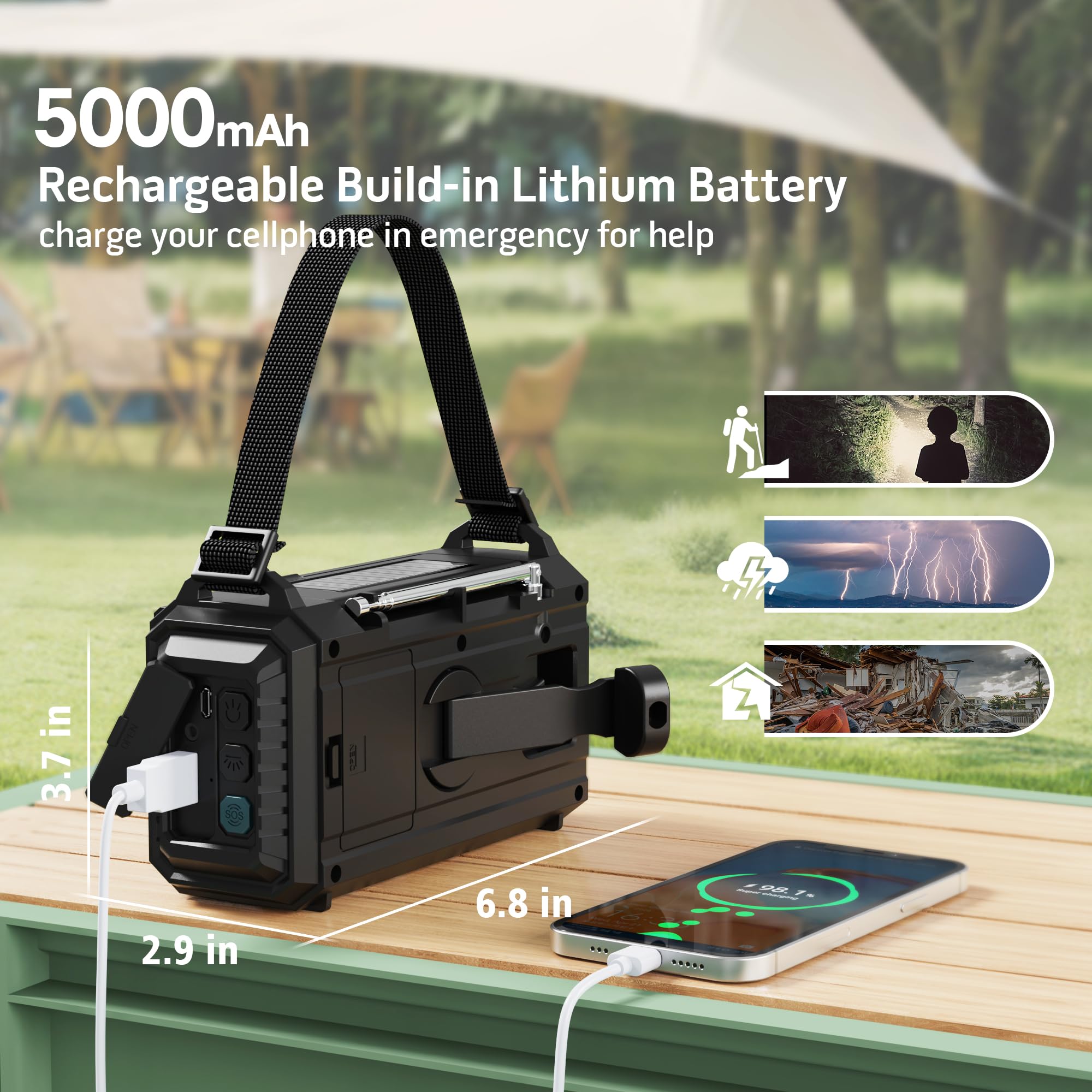 Noaa Emergency Weather Alert Radio, 5000 Large Capacity Hand Crank Solar Powered Am/Fm/Shortwave Radio For Home, Portable Led Ca