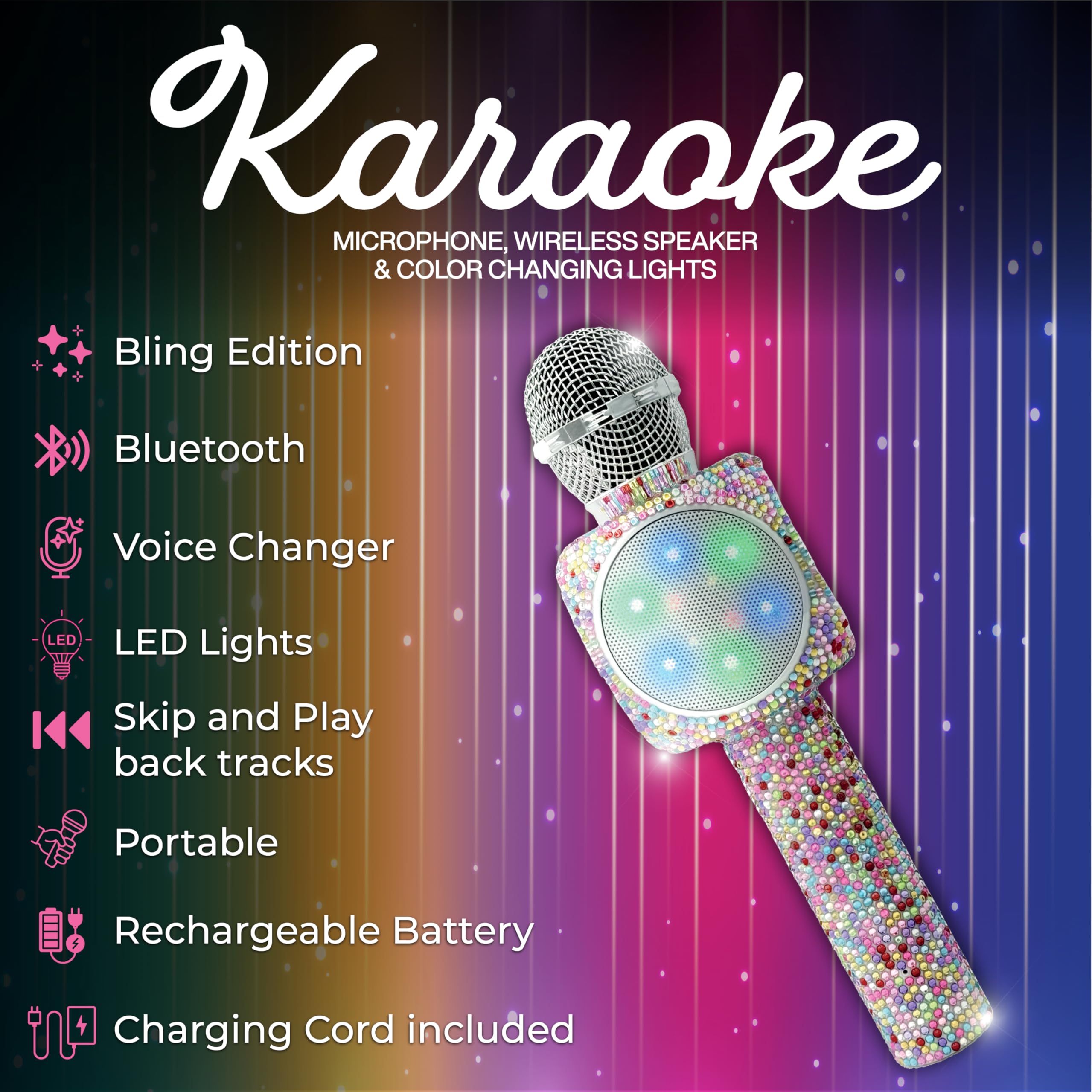 Wireless Express   Sing Along Bling Bluetooth Karaoke Microphone And Bluetooth Stereo Speaker All In One (Confetti Bling)