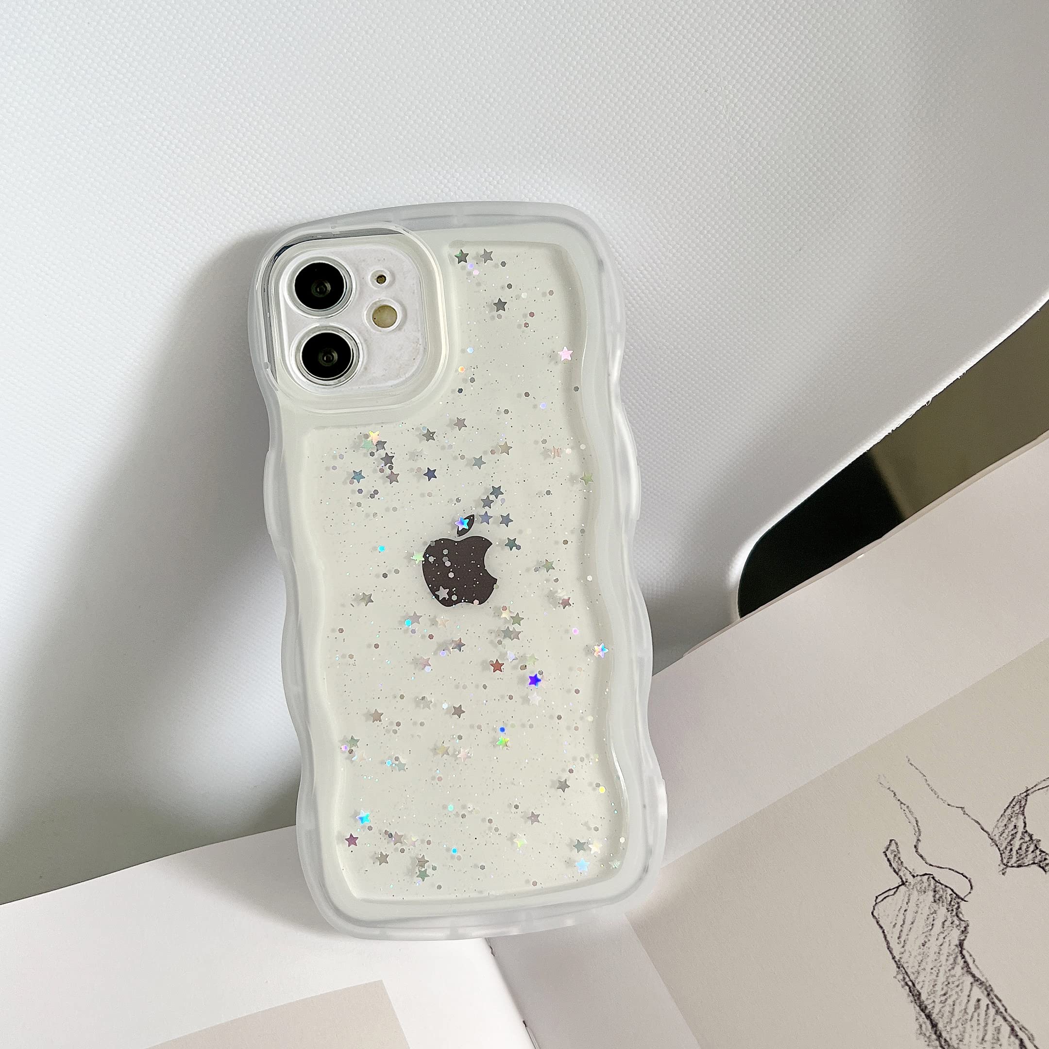 Qokey For Iphone 11 Case 6.1 Inch Curly Wave Design Edge Transparent Bling Glitter Star Shiny Case Cute Clear Transparent Full P