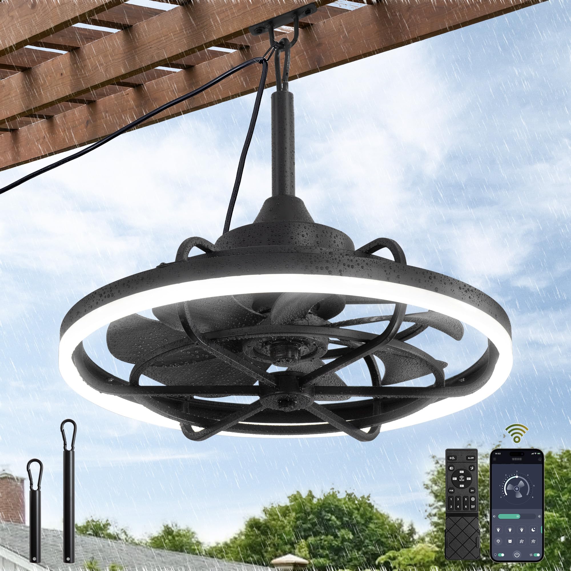 Fanbulous Outdoor Ceiling Fans With Light For Patios, 20'' Weatherproof Plug In Ceiling Fan, Gazebo Fan Remote&App Control, 3Cct