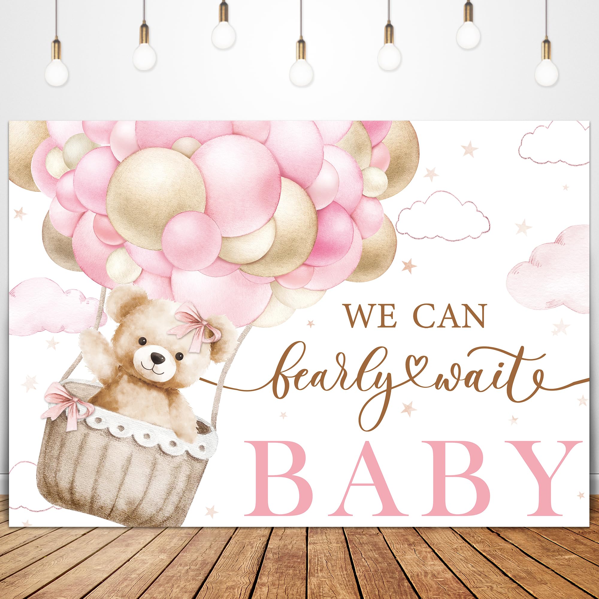Glawry We Can Bearly Wait Baby Shower Decorations Backdrop For Photography 7Wx5H Feet Pink Cute Cartoon Bear Animal Hot Air Ball