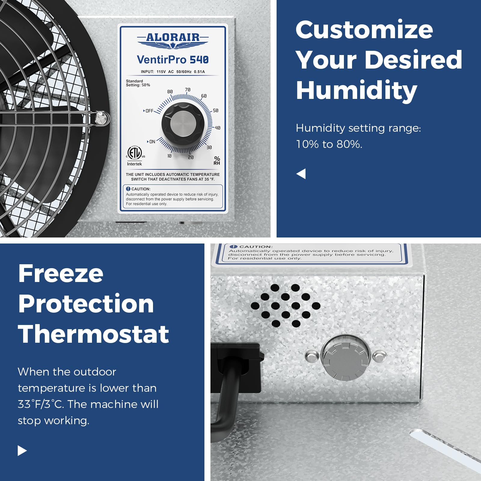 Alorair 540 Cfm Ip 55 Grade Crawlspace Ventilation Fans With Humidistat & Thermostat, 8.7 Inches Basement Vent Fans With Isolati