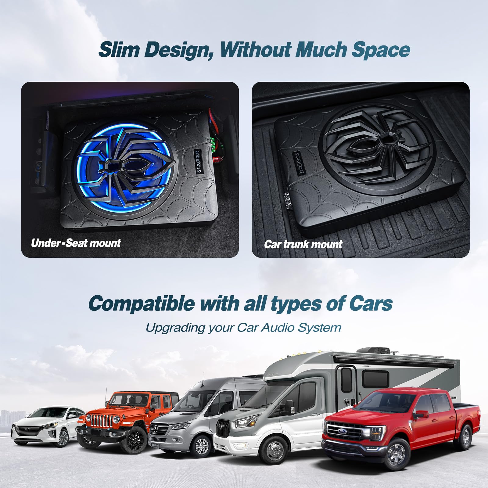 Seventour 10'' 1000W Slim Under Seat Powered Car Subwoofer, Car/Truck Audio Sub Built In Amplifier Amp Combo, With Blue Led Ligh