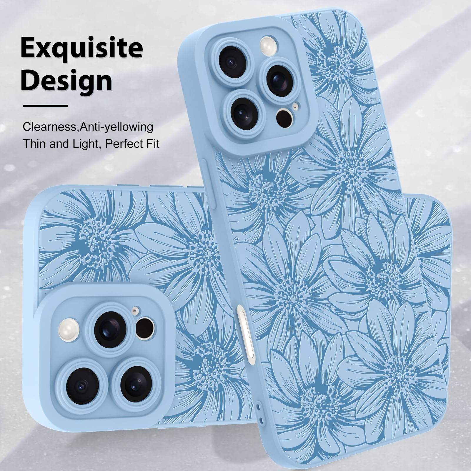Mzelq For Iphone 16 Pro Max Case Case, Silicone Black Floral Flowers Sunflowers Cute Pattern, Camera Protection Soft Slim Phone