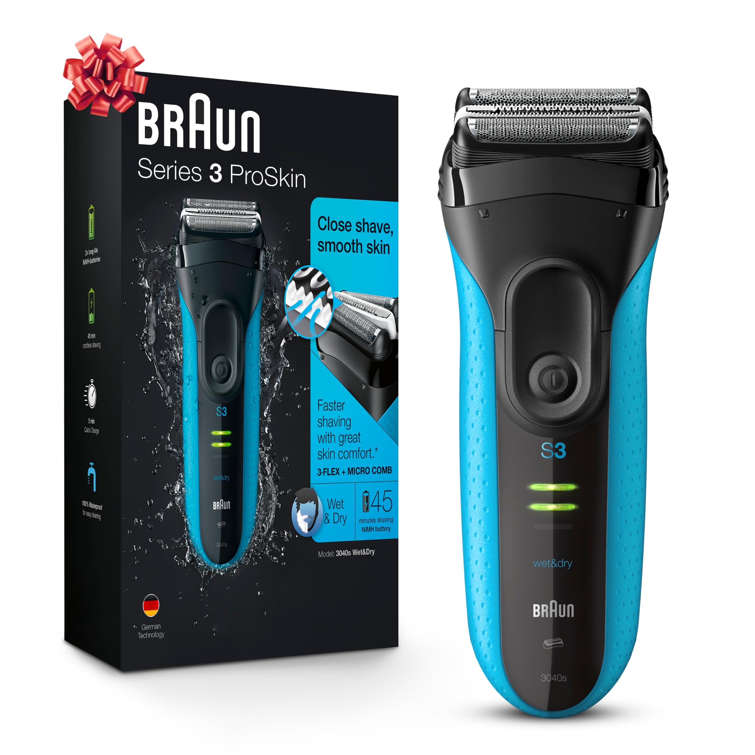 Braun Electric Series 3 Razor With Precision Trimmer, Rechargeable, Wet & Dry Foil Shaver For Men, Blue/Black, 4 Piece