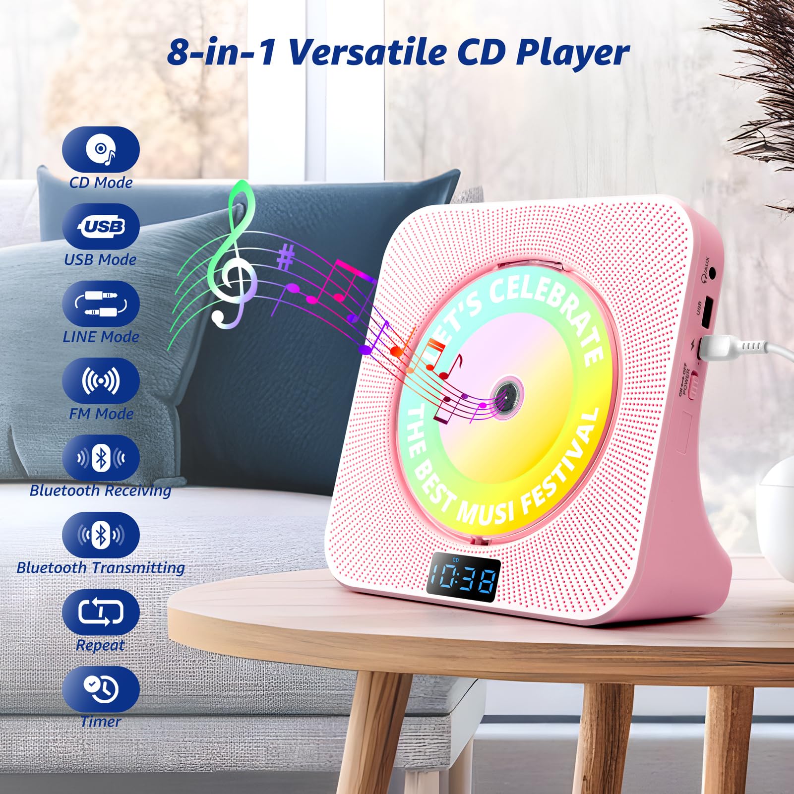 Desktop Cd Player With Speakers, Roadom Bluetooth Cd Player With Hi-Fi Stereo Sound, Remote Control, Supports Cd/Bluetooth/Fm Ra