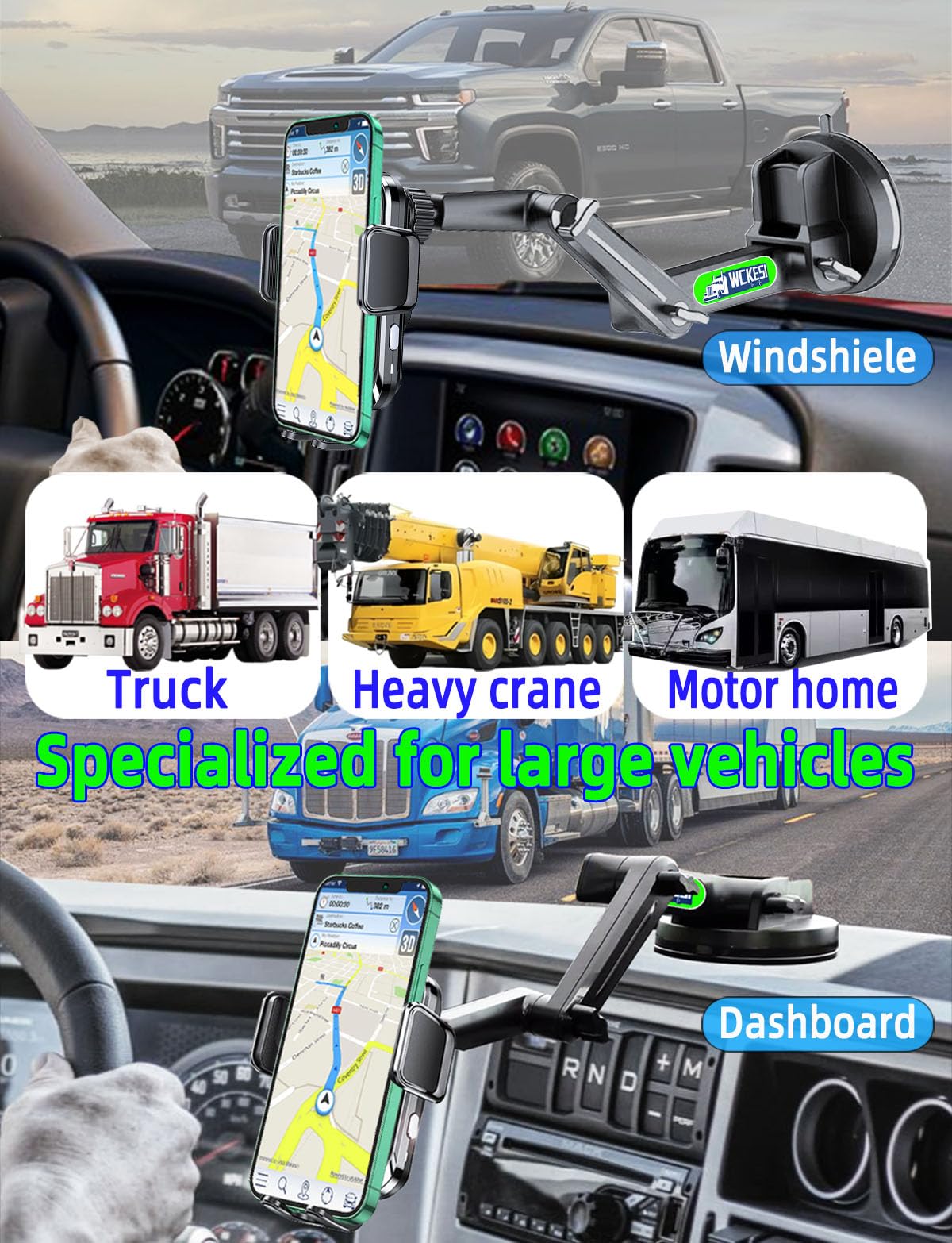 Wckesi Truck Phone Holder Mount Wireless Charger Heavy Duty For Car 15W Smart Fast Charging 14 Inch Long Arm Pickup Truck Windsh