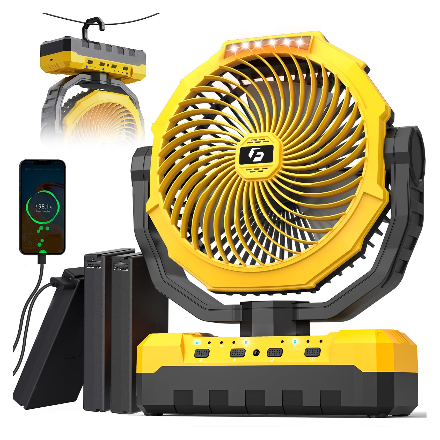 36000mAh Portable Camping Fan - 150HRS Rechargeable Fan with Detachable Battery with LED & Remote - 4 Speeds Battery Powered for