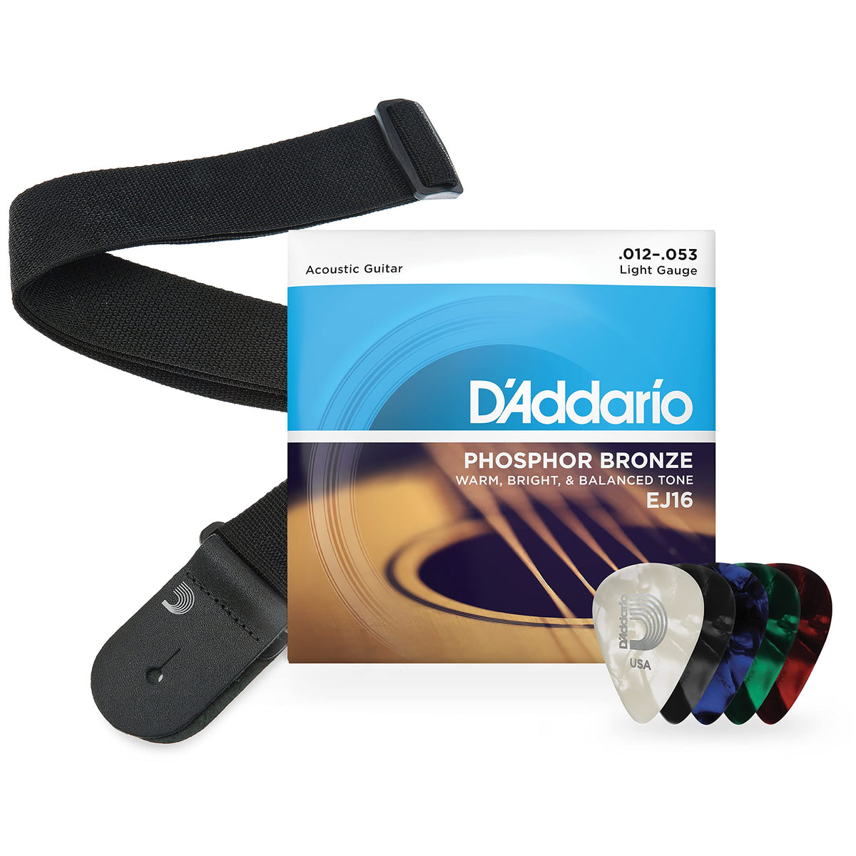 D'Addario Acoustic Guitar Strings, Picks, Strap Beginner Kit   Ej16 Phosphor Bronze Acoustic Strings, 12 53 Light   Poly Pro Bla