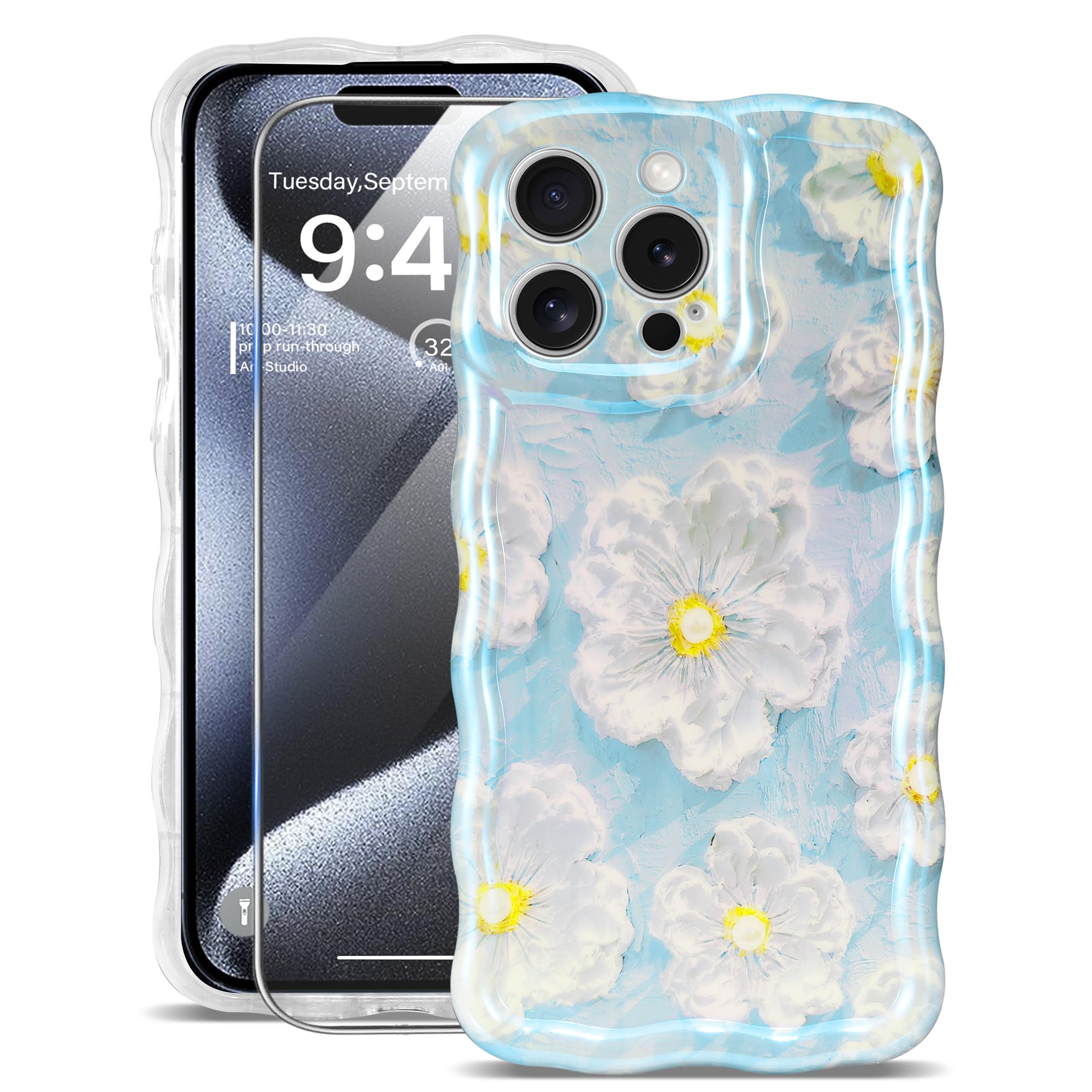 Sheheme For Iphone 15 Pro Max Case [With 9H Screen Protectors] Wave Bumper Colorful Oil Painting Flowers Print Blue Glossy Soft